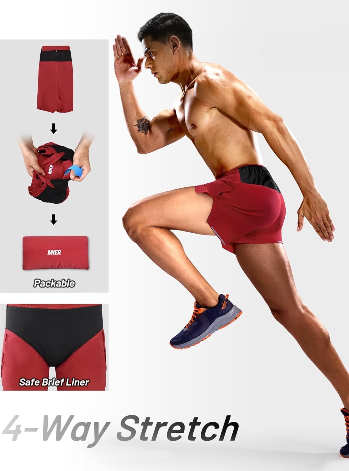 image:imageMIER Limitless Mens 35 Running Shorts Quick Dry BriefLined Marathon Racing Shorts with Pockets PackableRed