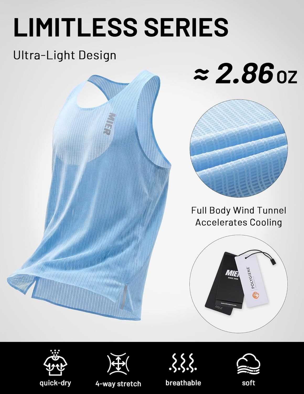 image:imageMIER Limitless Running Tank Tops Mens Quick Dry Seamless Marathon Racing Singlets Ultra LightweightLight Blue