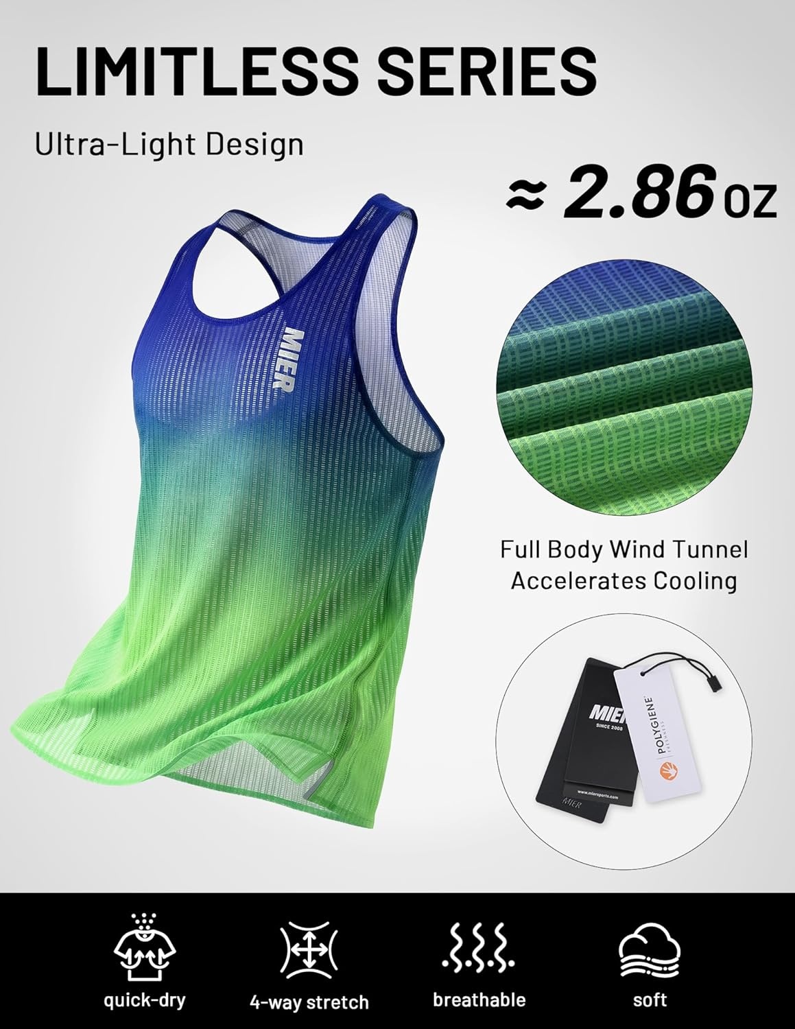 image:imageMIER Limitless Running Tank Tops Mens Quick Dry Seamless Marathon Racing Singlets Ultra LightweightNeonBlue