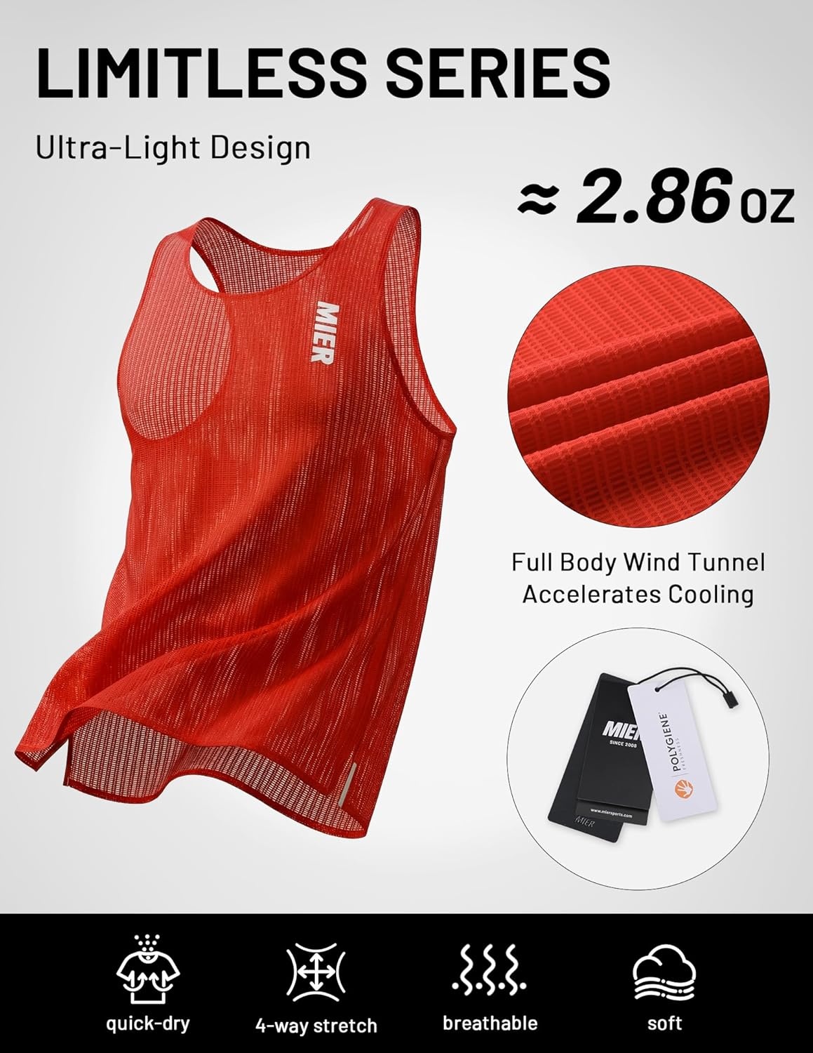 image:imageMIER Limitless Running Tank Tops Mens Quick Dry Seamless Marathon Racing Singlets Ultra LightweightRed