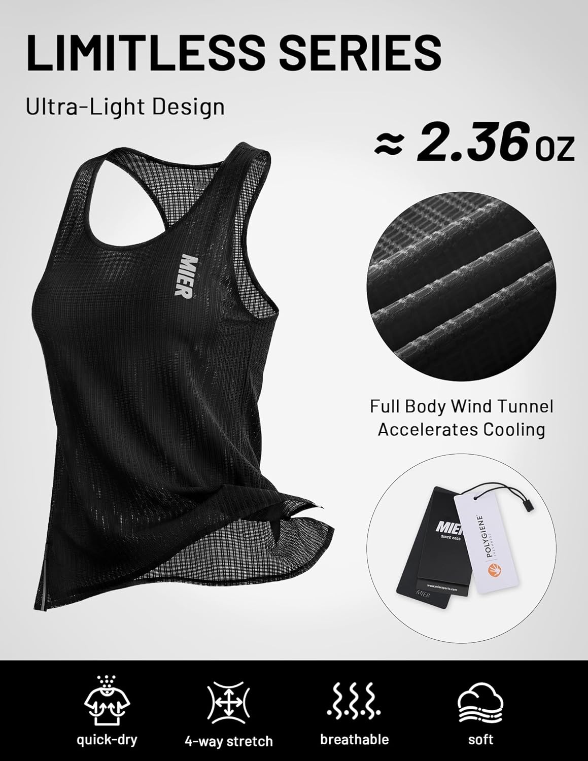 image:imageMIER Limitless Running Tank Tops Womens Seamless Quick Dry Marathon Racing Singlets Ultra LightweightBlack
