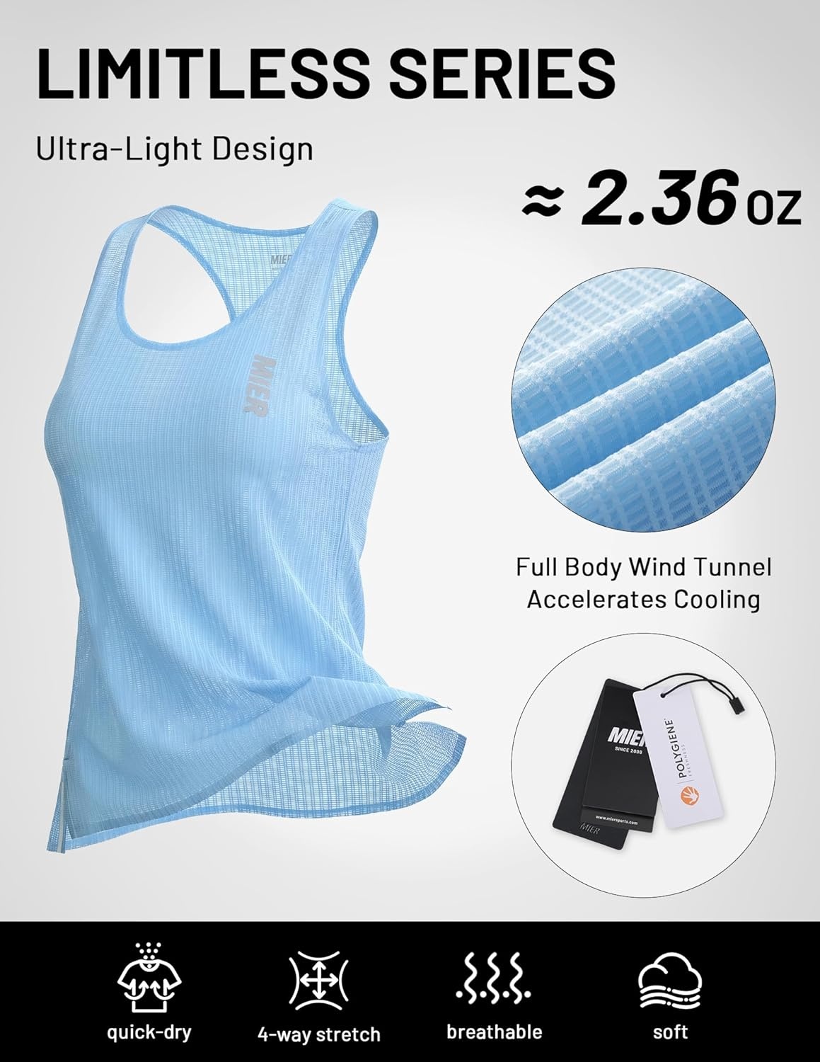 image:imageMIER Limitless Running Tank Tops Womens Seamless Quick Dry Marathon Racing Singlets Ultra LightweightLight Blue