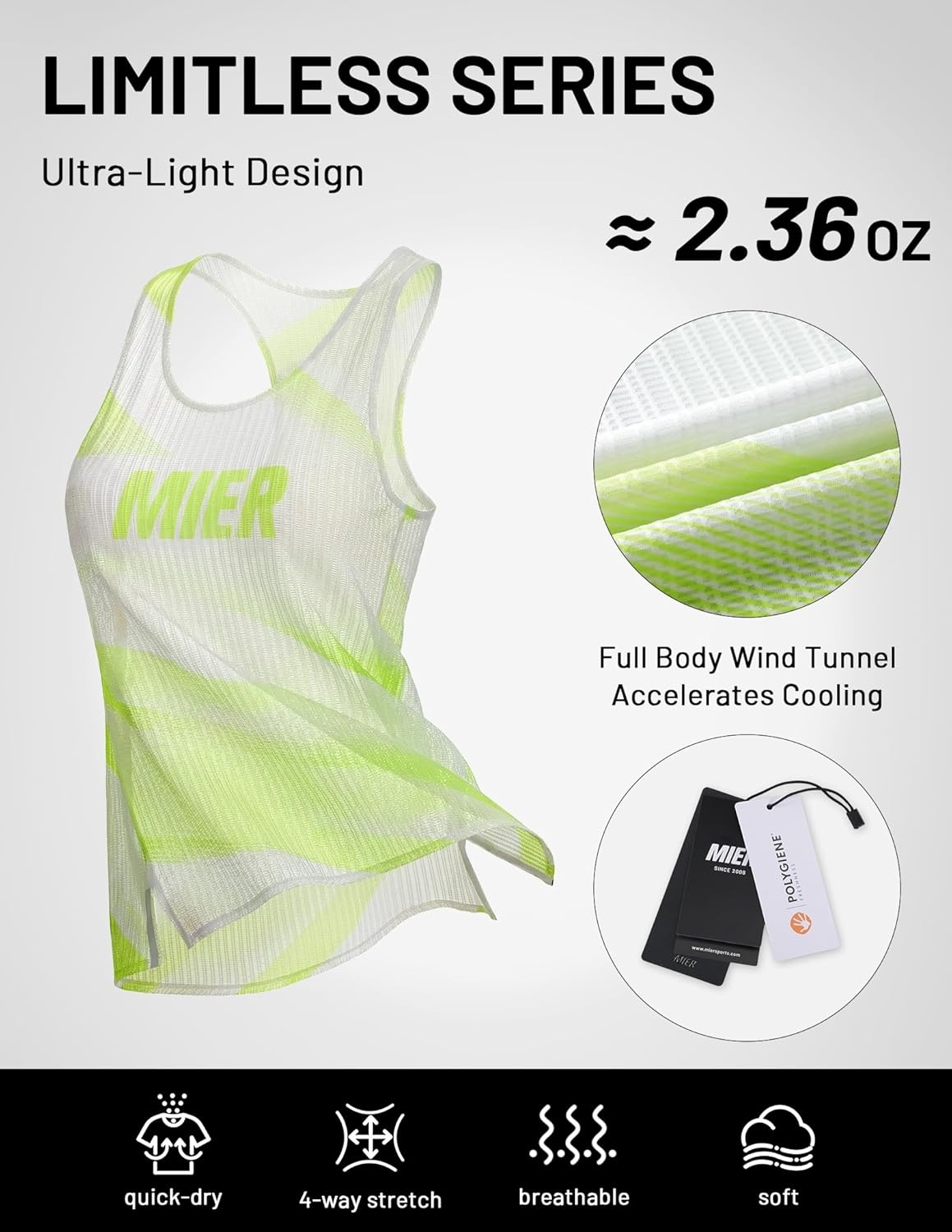 image:imageMIER Limitless Running Tank Tops Womens Seamless Quick Dry Marathon Racing Singlets Ultra LightweightLime Stripe