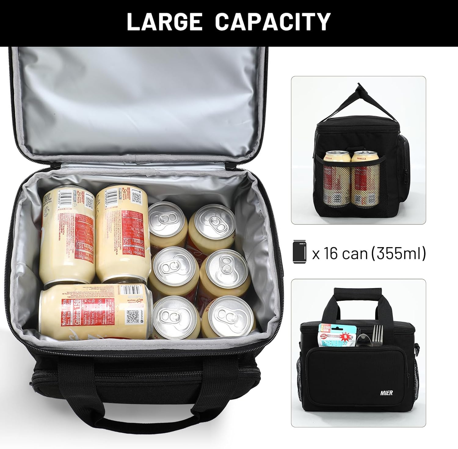 image:imageMIER Lunch Box for Men Adult Insulated Lunch Bag Heavy Duty Leakproof Lunch Cooler for Work Picnic Camping 16 Can Black