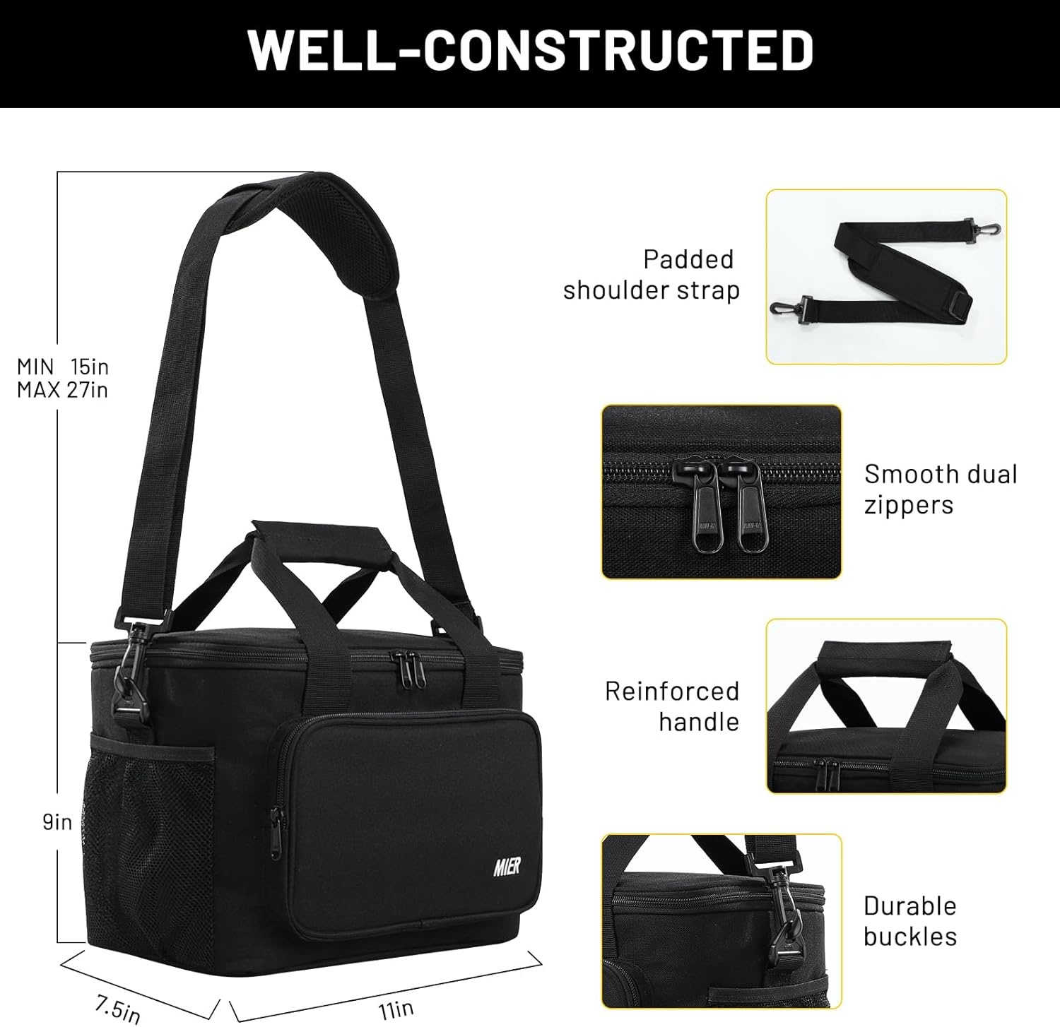 image:imageMIER Lunch Box for Men Adult Insulated Lunch Bag Heavy Duty Leakproof Lunch Cooler for Work Picnic Camping 16 Can Black