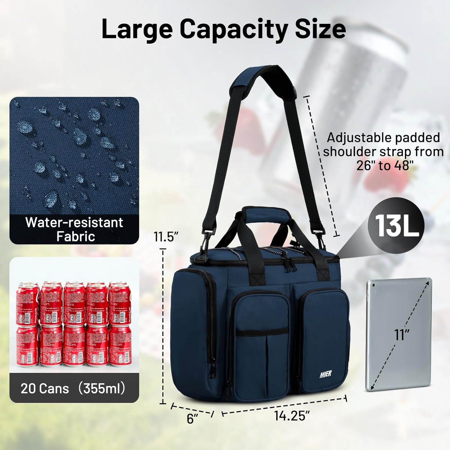 image:imageMIER Lunch Box for Men Heavy Duty Insulated Lunch Bag 20 Cans Large Leakproof Soft Cooler Bags with Multiple Pockets for Picnic Work Travel Army GreenNavy Blue