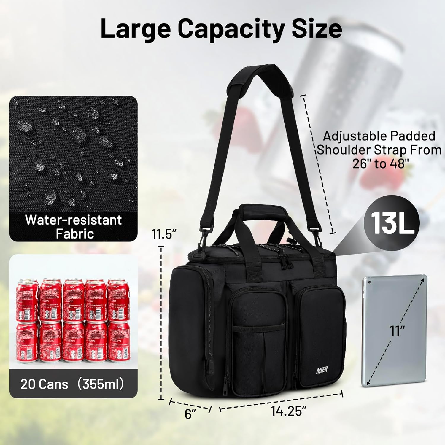 image:imageMIER Lunch Box for Men Heavy Duty Insulated Lunch Bag 20 Cans Large Leakproof Soft Cooler Bags with Multiple Pockets for Picnic Work Travel Army GreenBlack