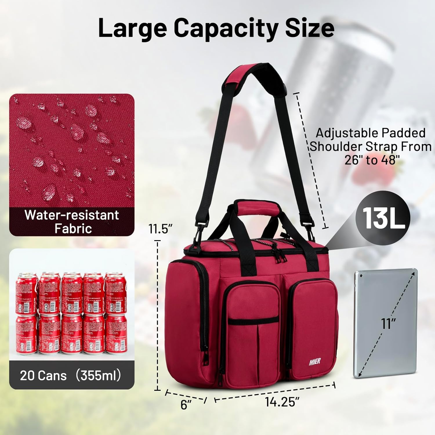 image:imageMIER Lunch Box for Men Heavy Duty Insulated Lunch Bag 20 Cans Large Leakproof Soft Cooler Bags with Multiple Pockets for Picnic Work Travel Army GreenRed