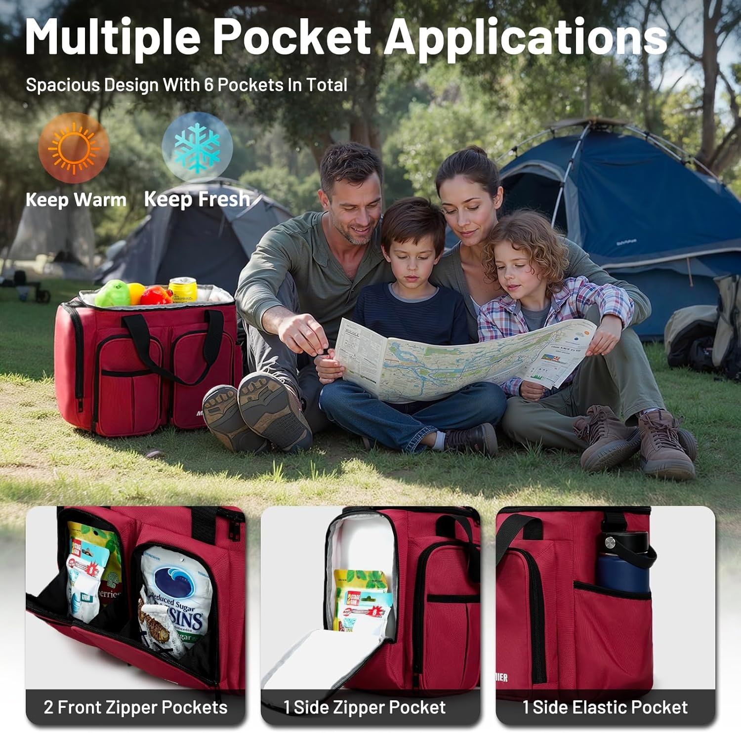 image:imageMIER Lunch Box for Men Heavy Duty Insulated Lunch Bag 20 Cans Large Leakproof Soft Cooler Bags with Multiple Pockets for Picnic Work Travel Army GreenRed