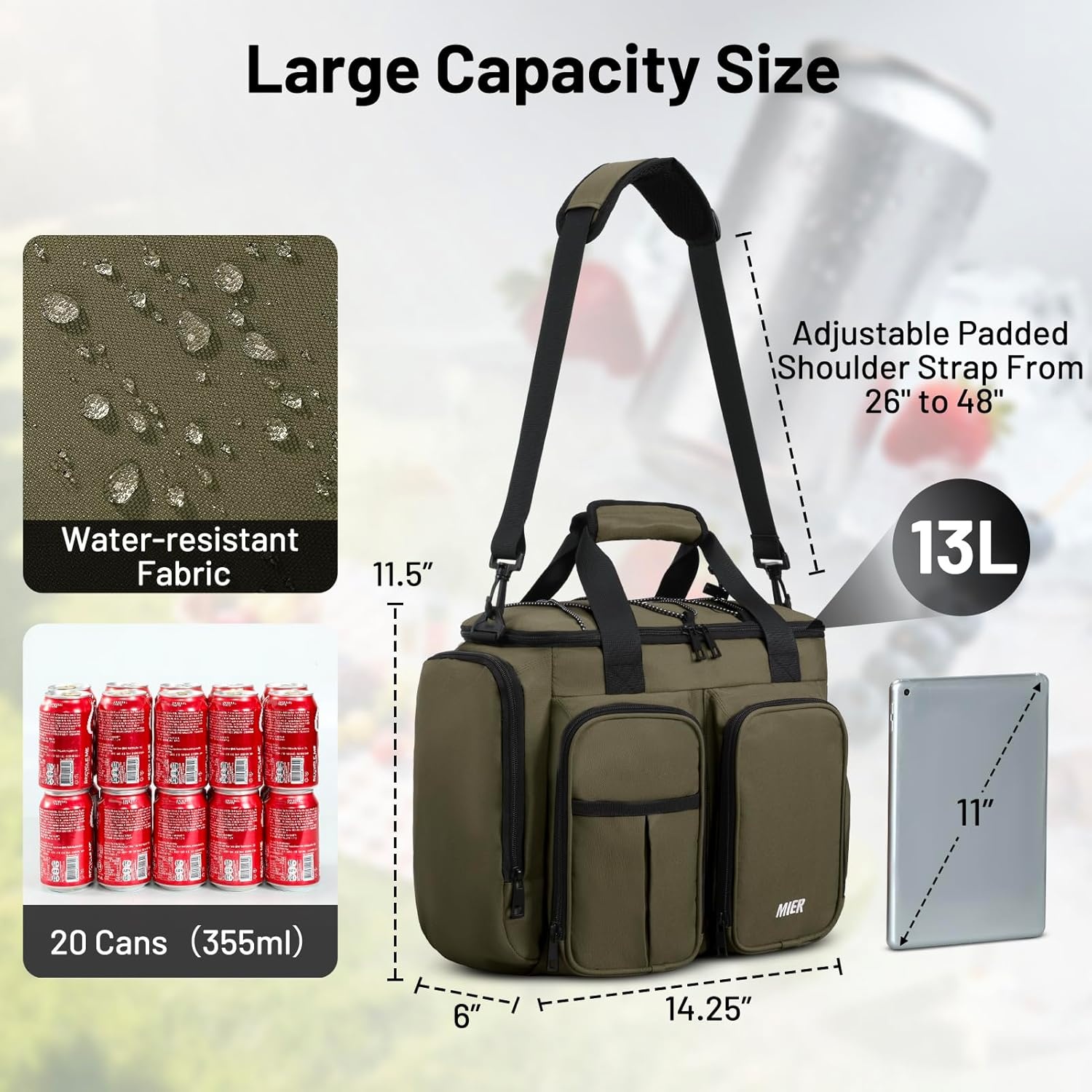 image:imageMIER Lunch Box for Men Heavy Duty Insulated Lunch Bag 20 Cans Large Leakproof Soft Cooler Bags with Multiple Pockets for Picnic Work Travel Army GreenArmy Green