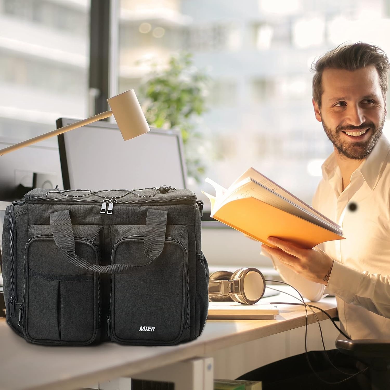 image:imageMIER Lunch Box for Men Heavy Duty Insulated Lunch Bag 20 Cans Large Leakproof Soft Cooler Bags with Multiple Pockets for Picnic Work Travel Army GreenDark Grey