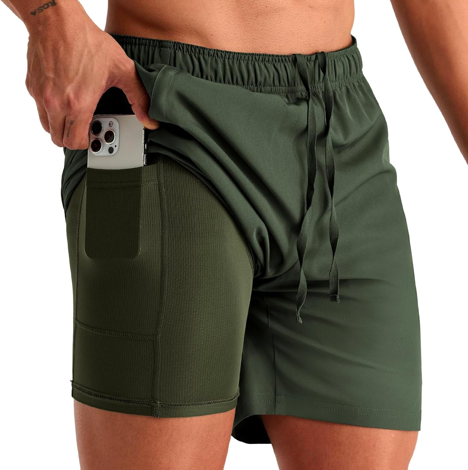 image:imageMIER Mens 2 in 1 Running Shorts 7 Workout Gym Athletic Shorts for Men Quick Dry Lightweight with Pockets for TrainingOlive Green