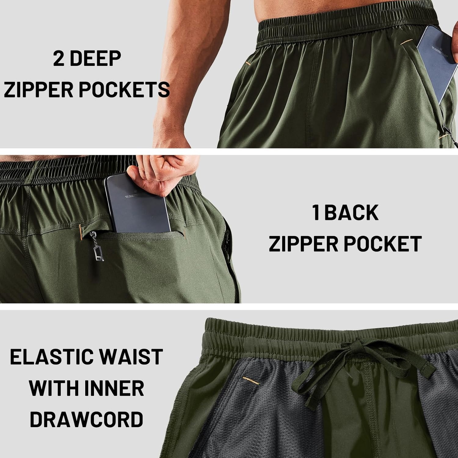 image:imageMIER Mens Quick Dry Running Shorts with Zipper Pocket Elastic Waist Athletic Workout Exercise ShortsArmy Green