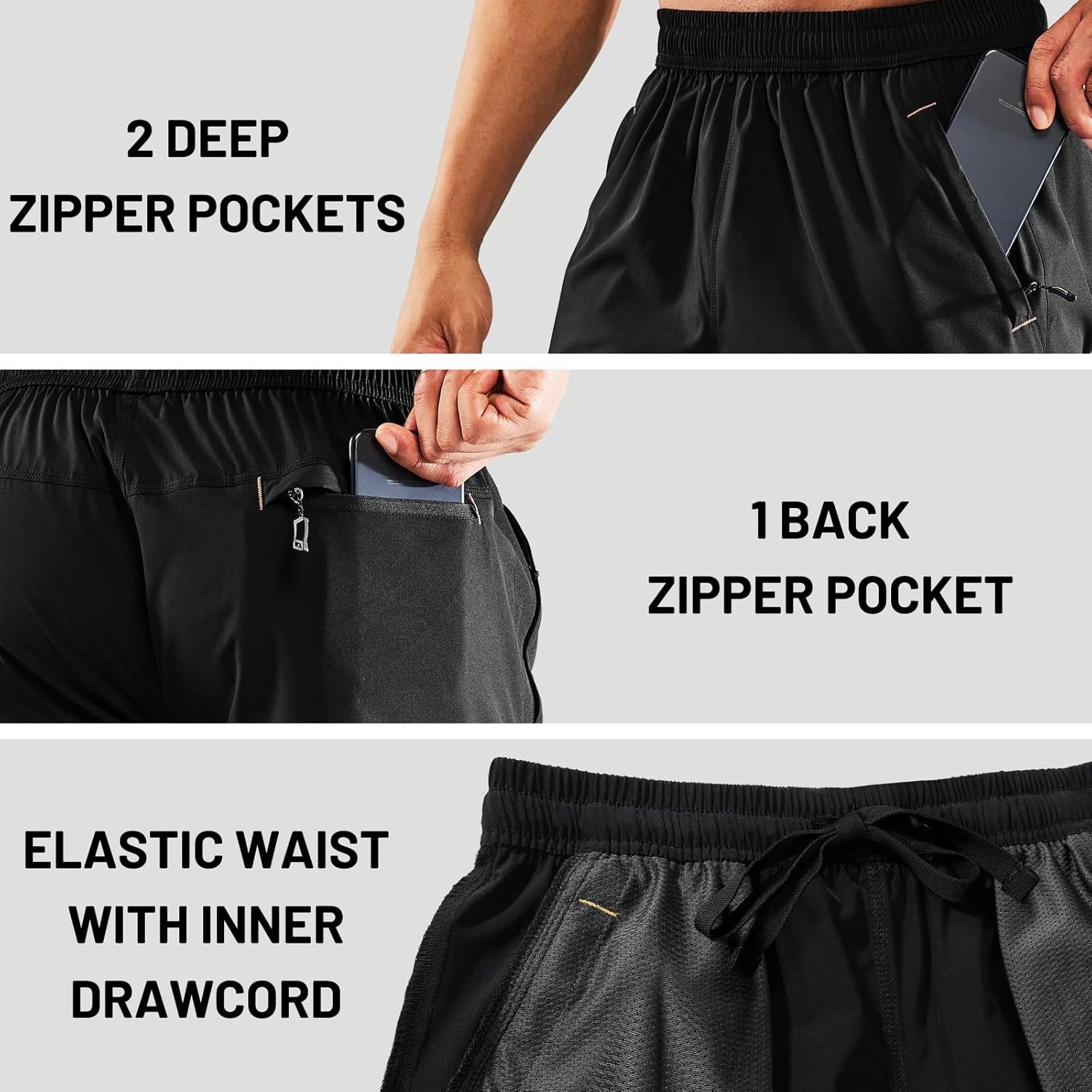 image:imageMIER Mens Quick Dry Running Shorts with Zipper Pocket Elastic Waist Athletic Workout Exercise ShortsBlack