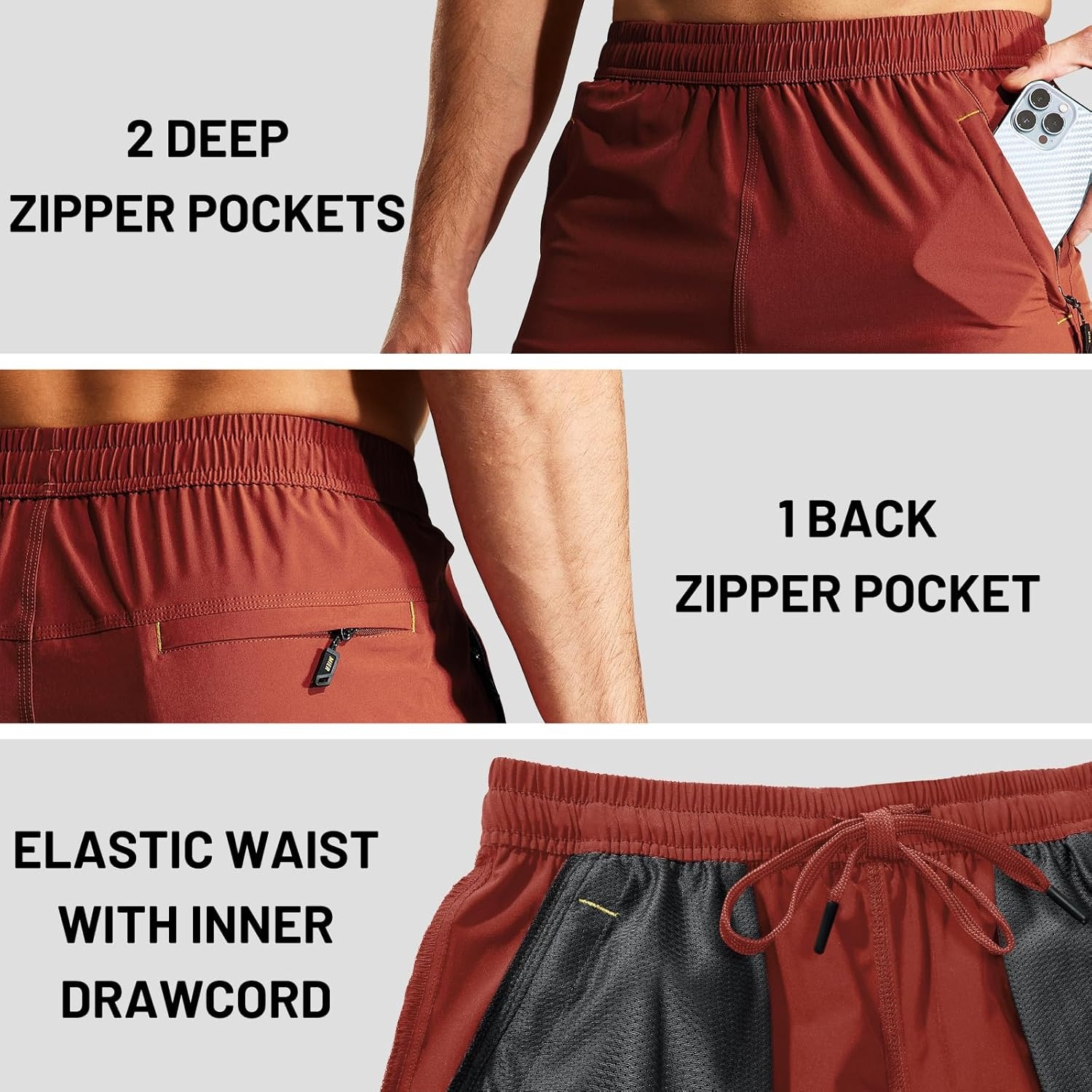 image:imageMIER Mens Quick Dry Running Shorts with Zipper Pocket Elastic Waist Athletic Workout Exercise ShortsBrick Red
