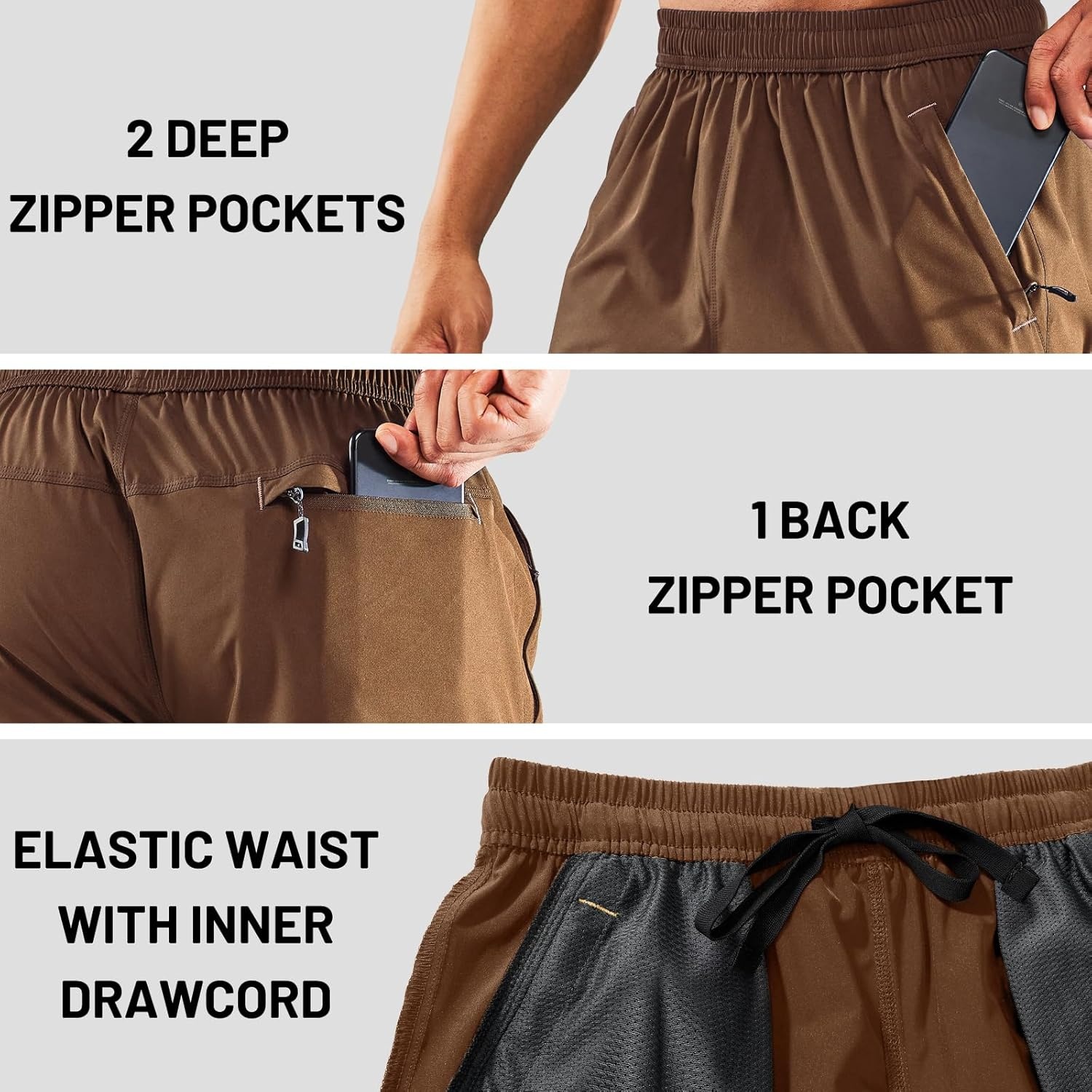 image:imageMIER Mens Quick Dry Running Shorts with Zipper Pocket Elastic Waist Athletic Workout Exercise ShortsBrown