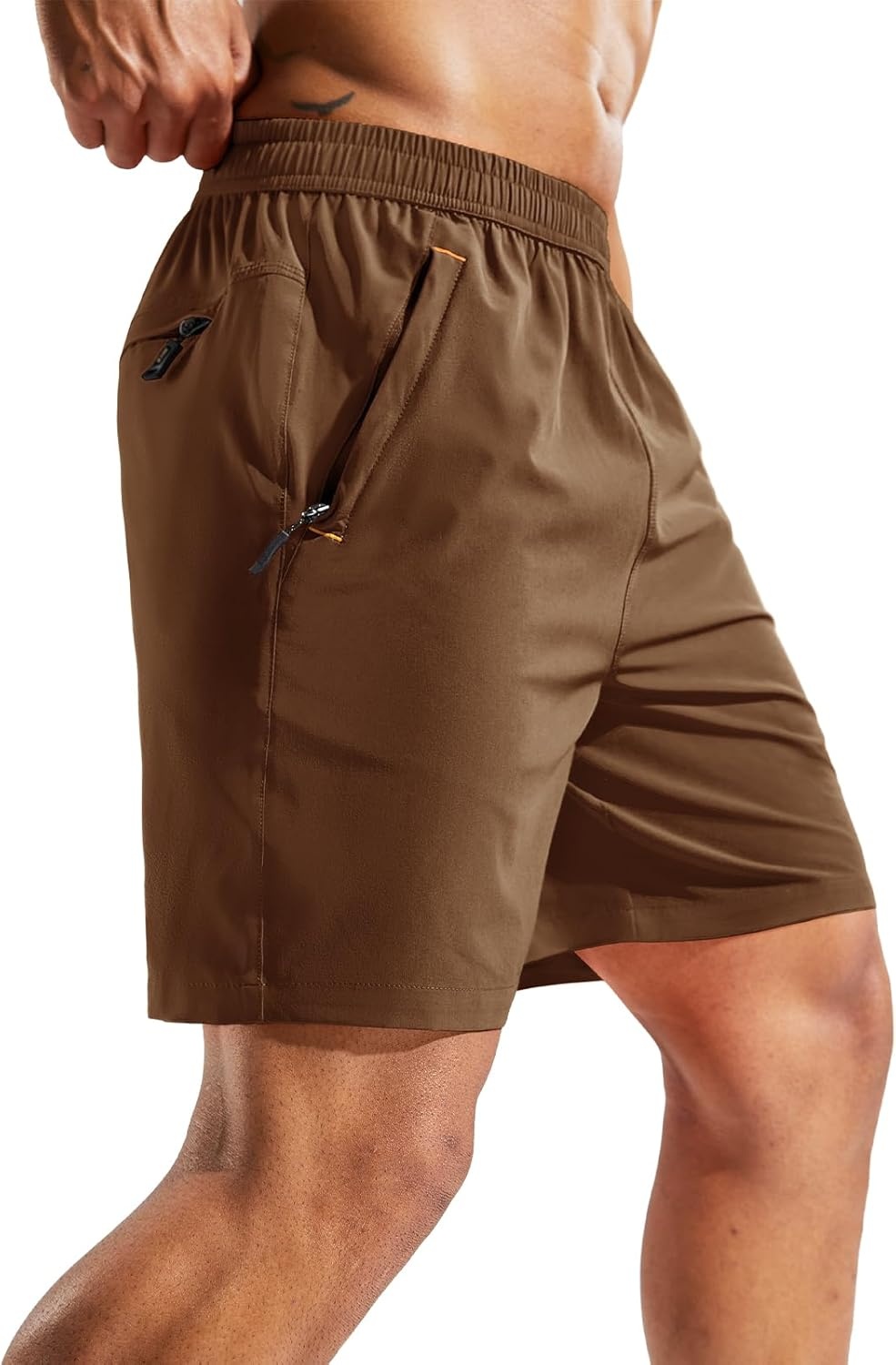 image:imageMIER Mens Quick Dry Running Shorts with Zipper Pocket Elastic Waist Athletic Workout Exercise ShortsBrown