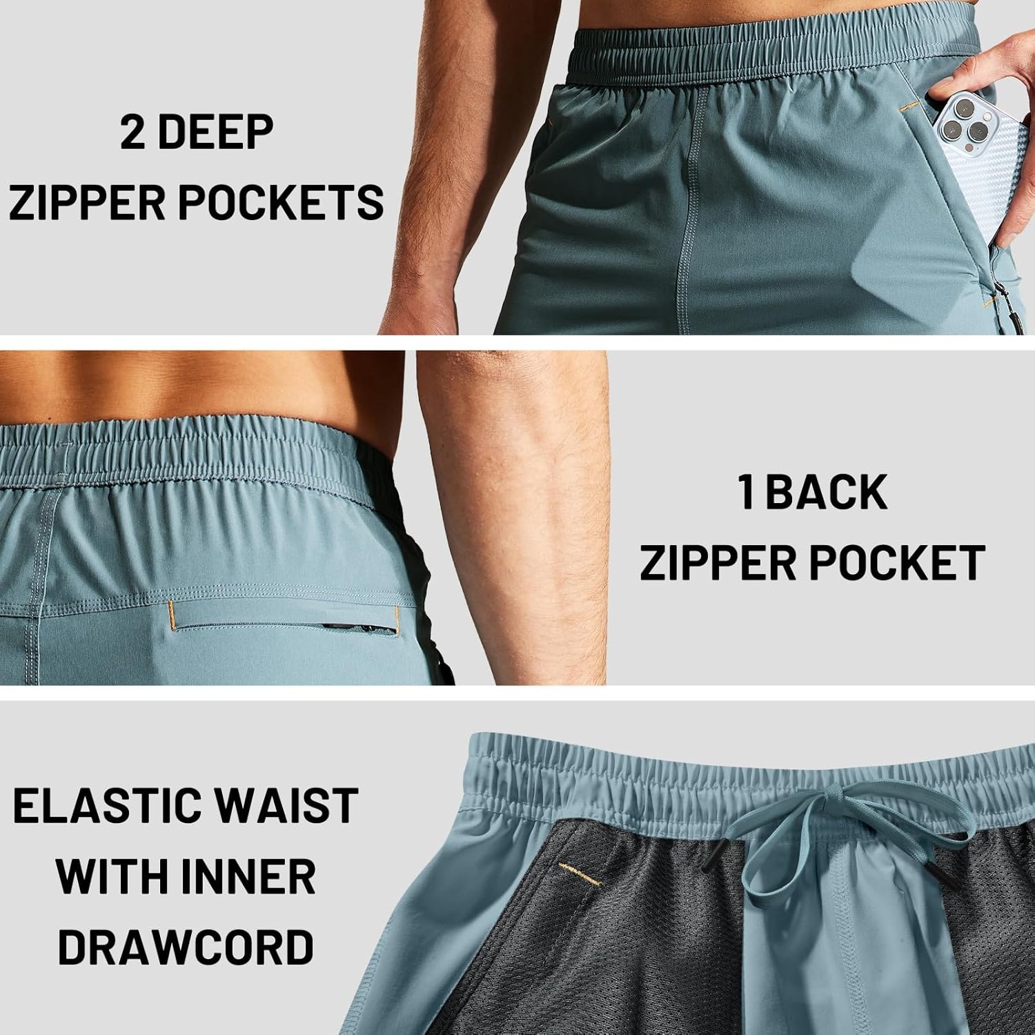 image:imageMIER Mens Quick Dry Running Shorts with Zipper Pocket Elastic Waist Athletic Workout Exercise ShortsGrey Blue