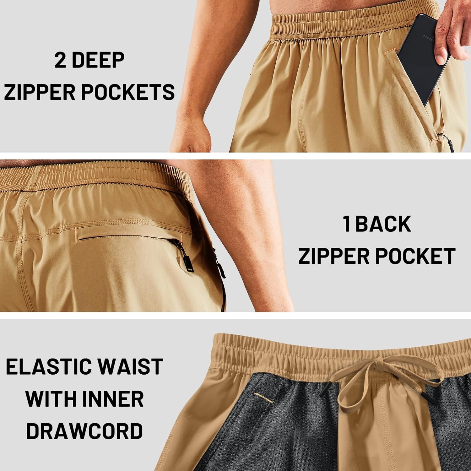 image:imageMIER Mens Quick Dry Running Shorts with Zipper Pocket Elastic Waist Athletic Workout Exercise ShortsKhaki