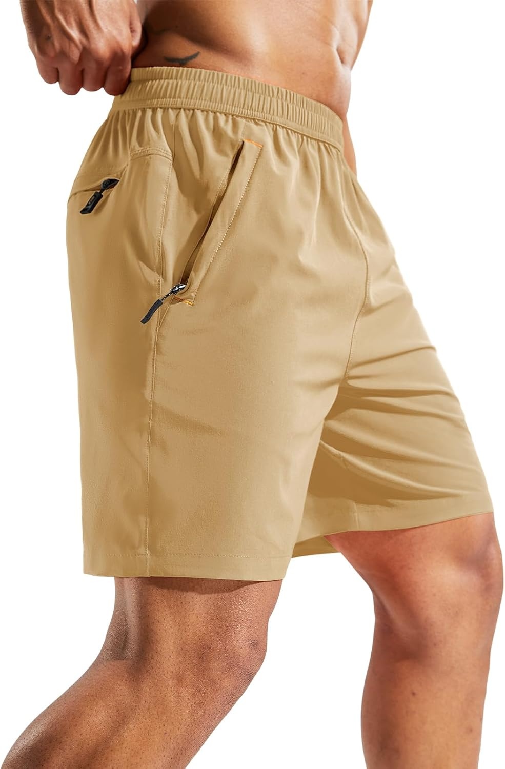 image:imageMIER Mens Quick Dry Running Shorts with Zipper Pocket Elastic Waist Athletic Workout Exercise ShortsKhaki