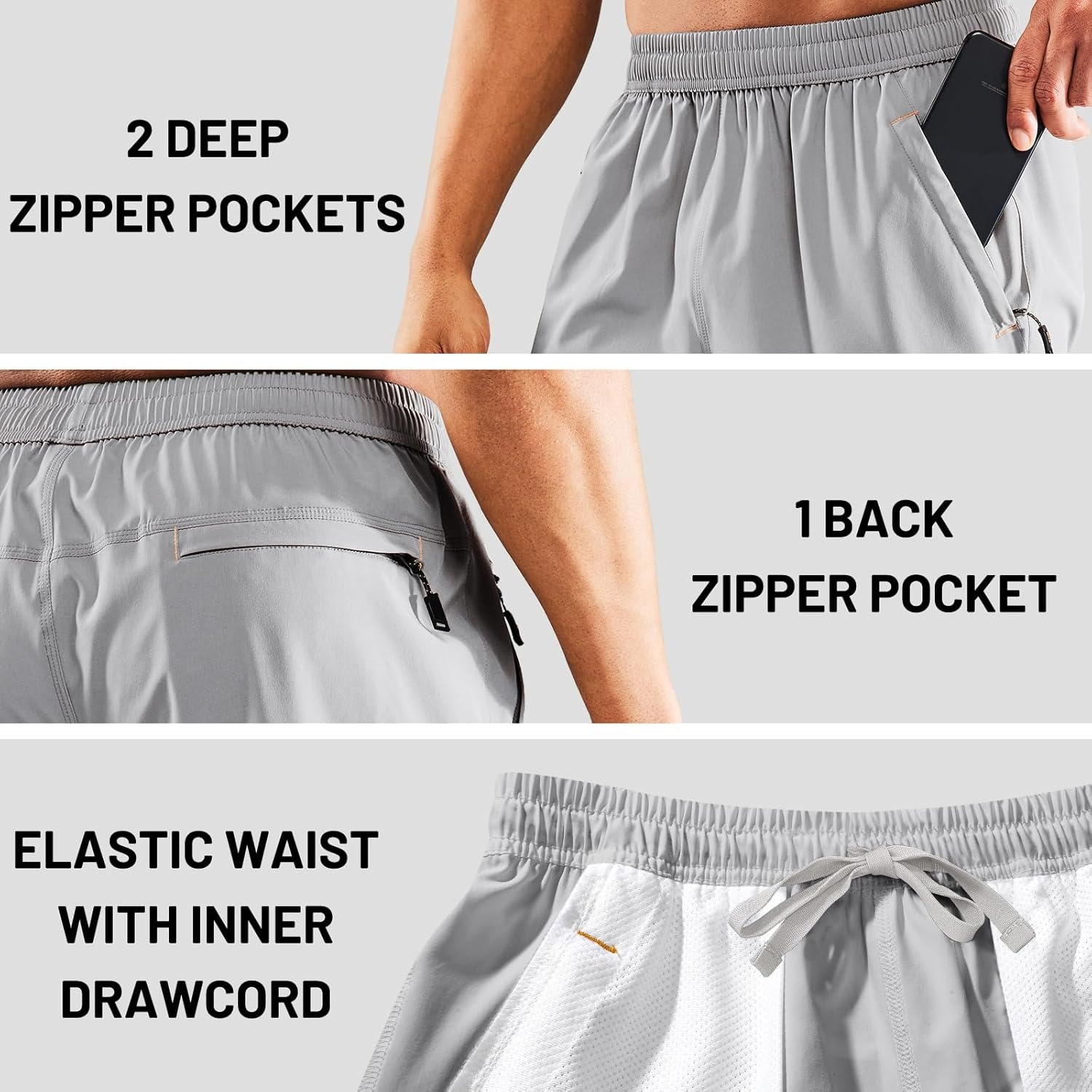 image:imageMIER Mens Quick Dry Running Shorts with Zipper Pocket Elastic Waist Athletic Workout Exercise ShortsLight Grey