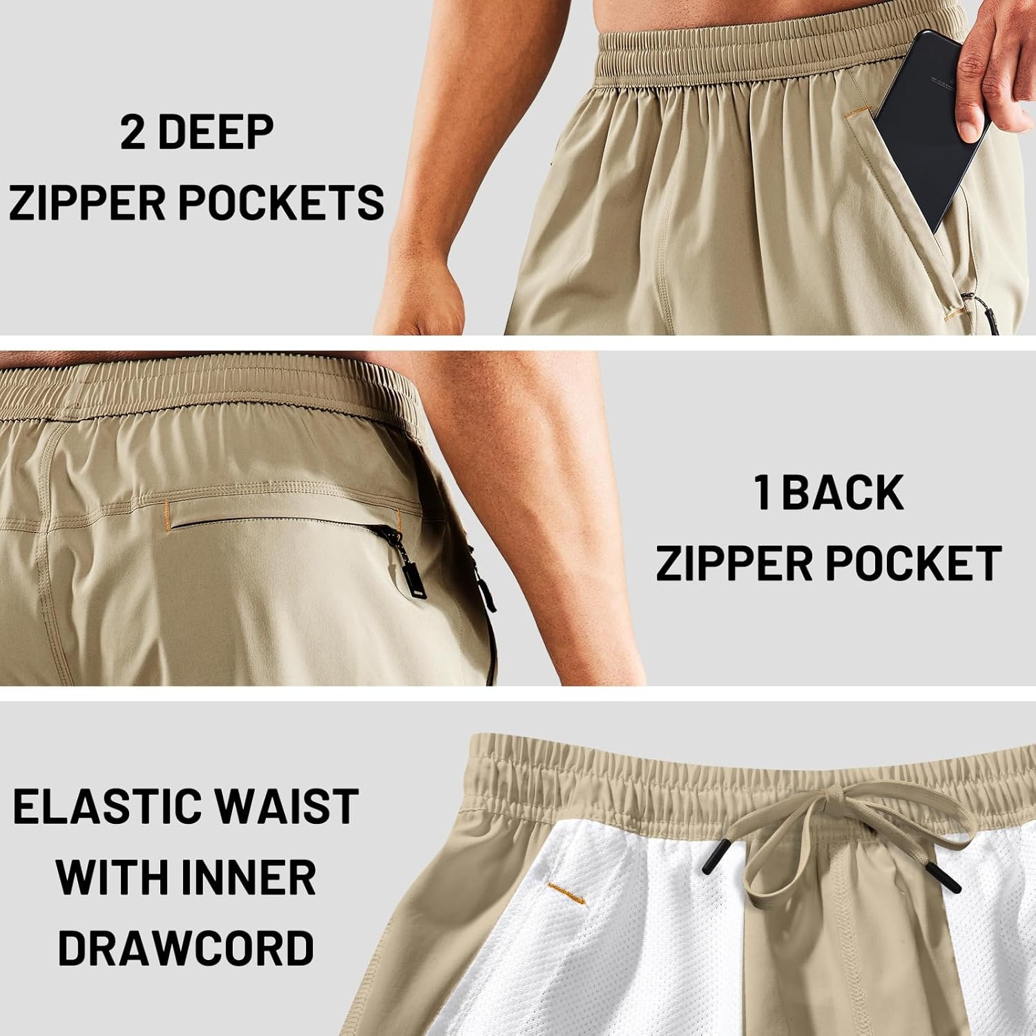 image:imageMIER Mens Quick Dry Running Shorts with Zipper Pocket Elastic Waist Athletic Workout Exercise ShortsLight Khaki