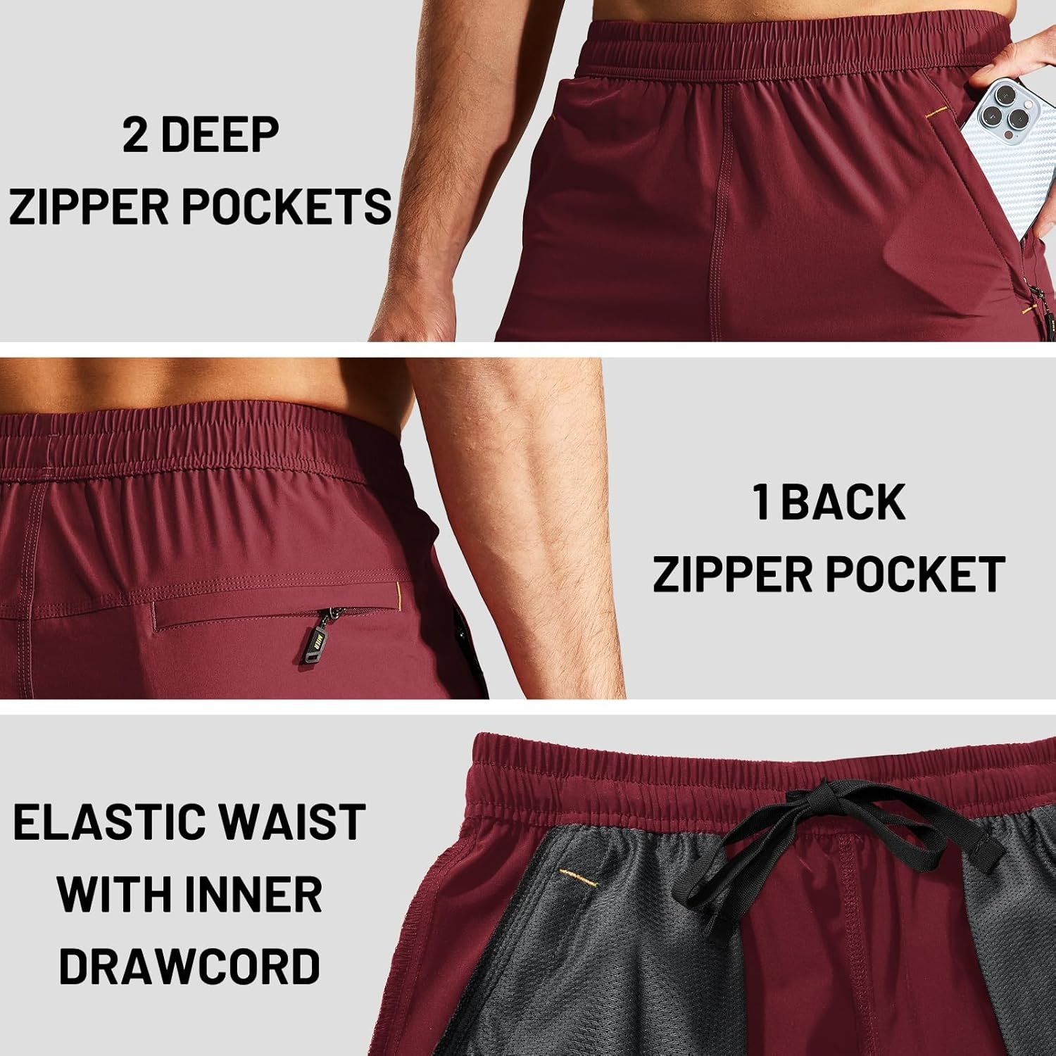 image:imageMIER Mens Quick Dry Running Shorts with Zipper Pocket Elastic Waist Athletic Workout Exercise ShortsMaroon