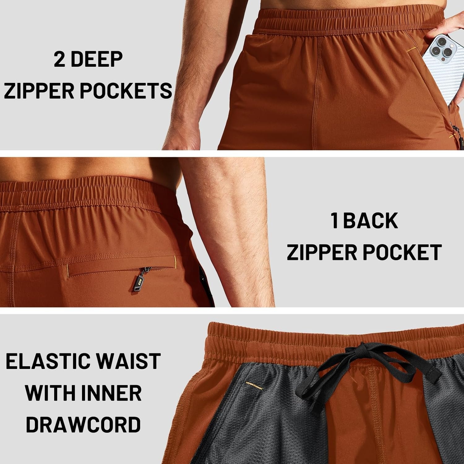 image:imageMIER Mens Quick Dry Running Shorts with Zipper Pocket Elastic Waist Athletic Workout Exercise ShortsRust Brown