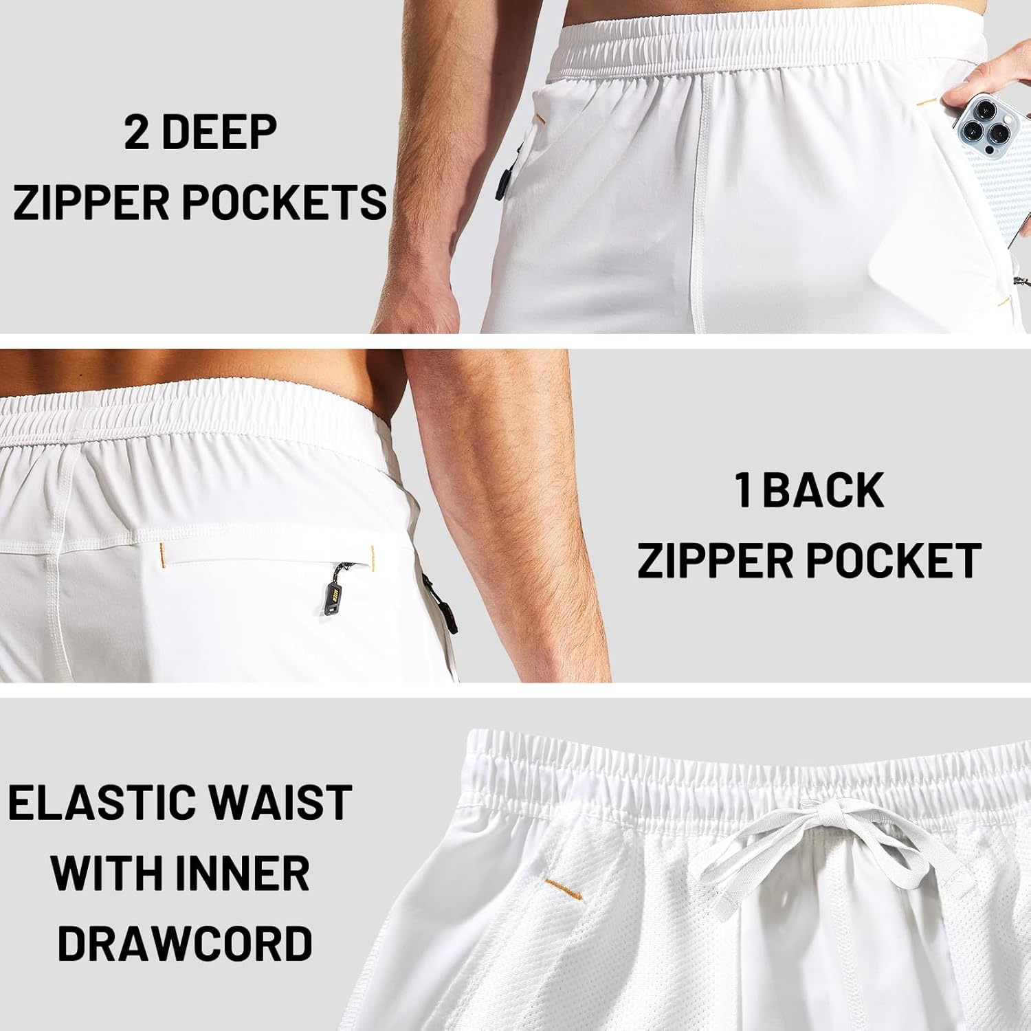 image:imageMIER Mens Quick Dry Running Shorts with Zipper Pocket Elastic Waist Athletic Workout Exercise ShortsWhite