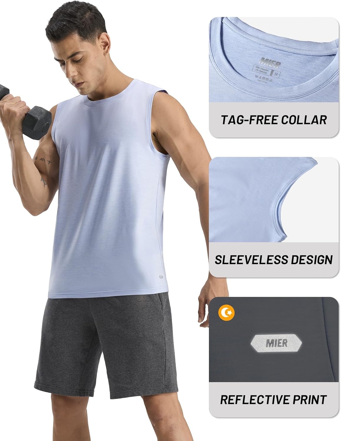 image:imageMIER Mens Tank Tops Quick Dry Workout Sleeveless Muscle Shirts Summer Gym Running Athletic Casual Tee Shirts UltraSoftHeather Blue