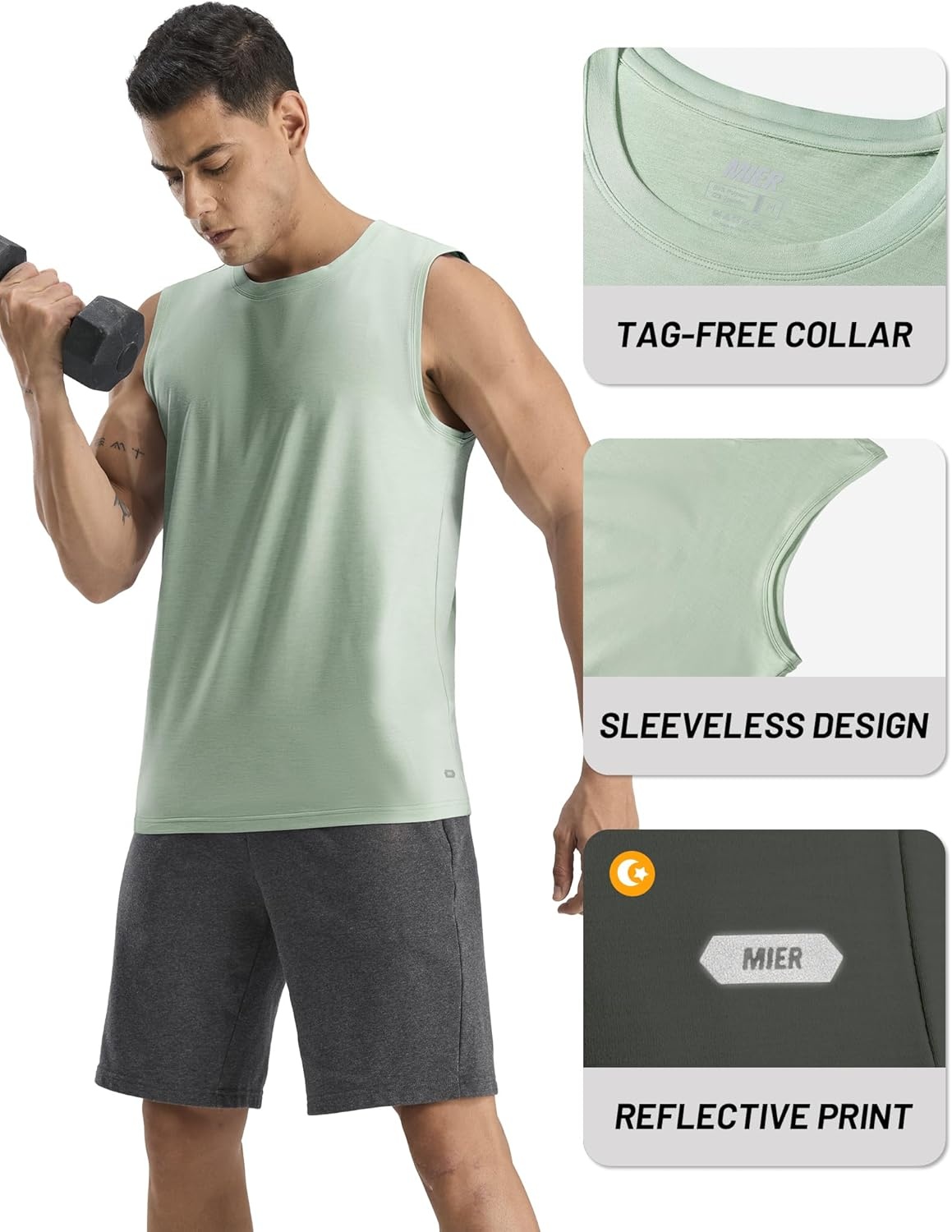 image:imageMIER Mens Tank Tops Quick Dry Workout Sleeveless Muscle Shirts Summer Gym Running Athletic Casual Tee Shirts UltraSoftHeather Sage Green