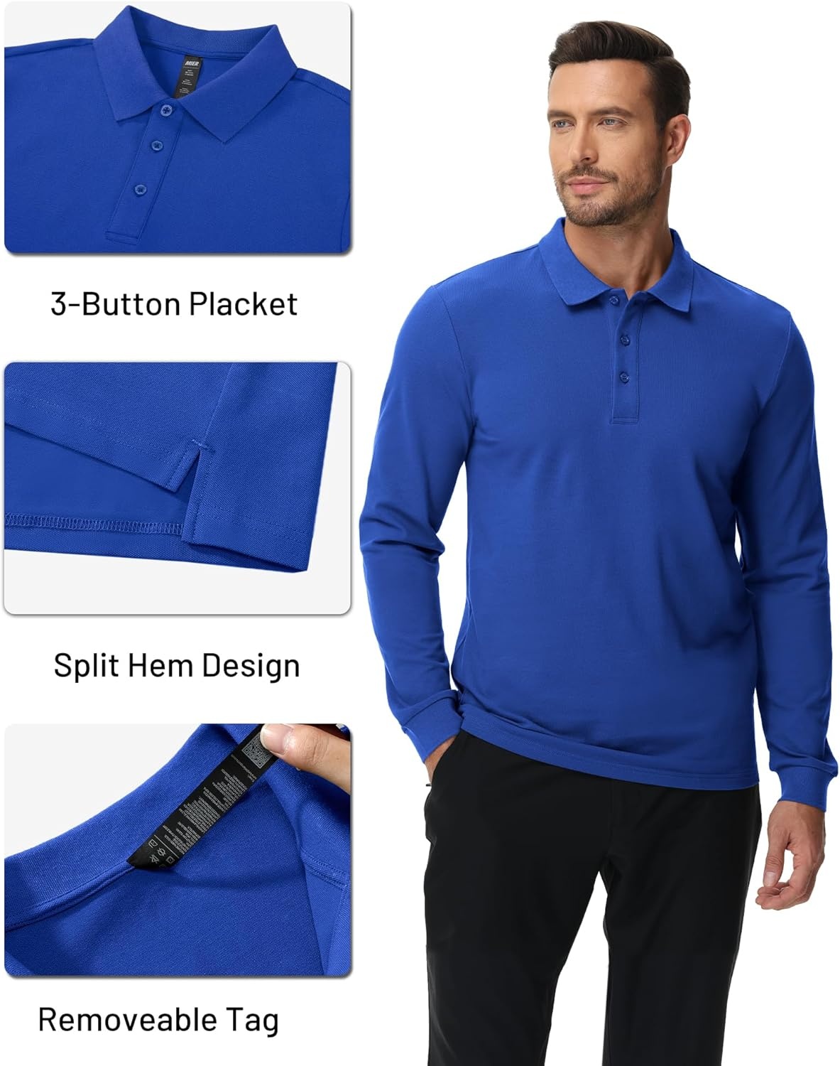 image:imageMIER Polo Shirts for Men Cotton Long Sleeve Golf Tennis Collared Shirt for Casual Work Travel 3 Buttons Ultra SoftBlue