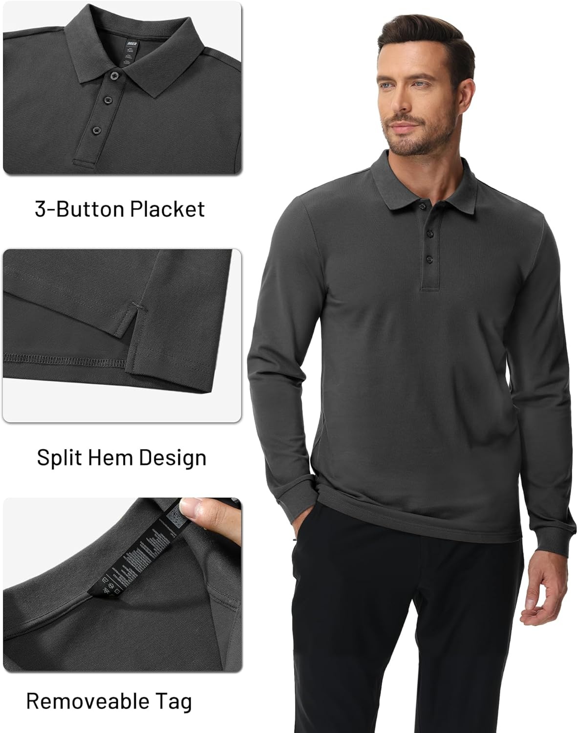 image:imageMIER Polo Shirts for Men Cotton Long Sleeve Golf Tennis Collared Shirt for Casual Work Travel 3 Buttons Ultra SoftGrey