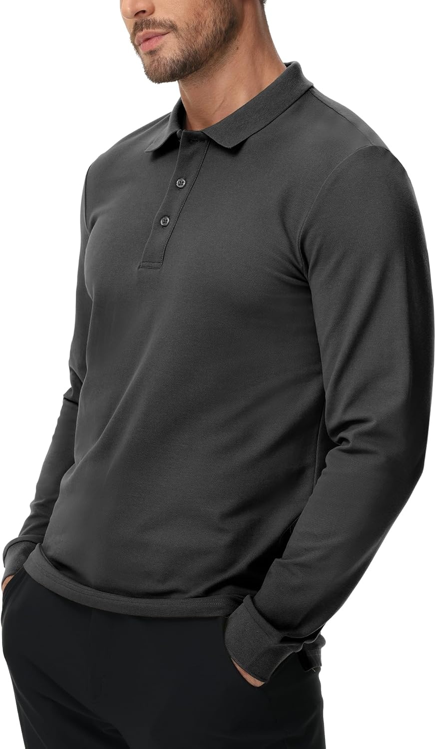 image:imageMIER Polo Shirts for Men Cotton Long Sleeve Golf Tennis Collared Shirt for Casual Work Travel 3 Buttons Ultra SoftGrey