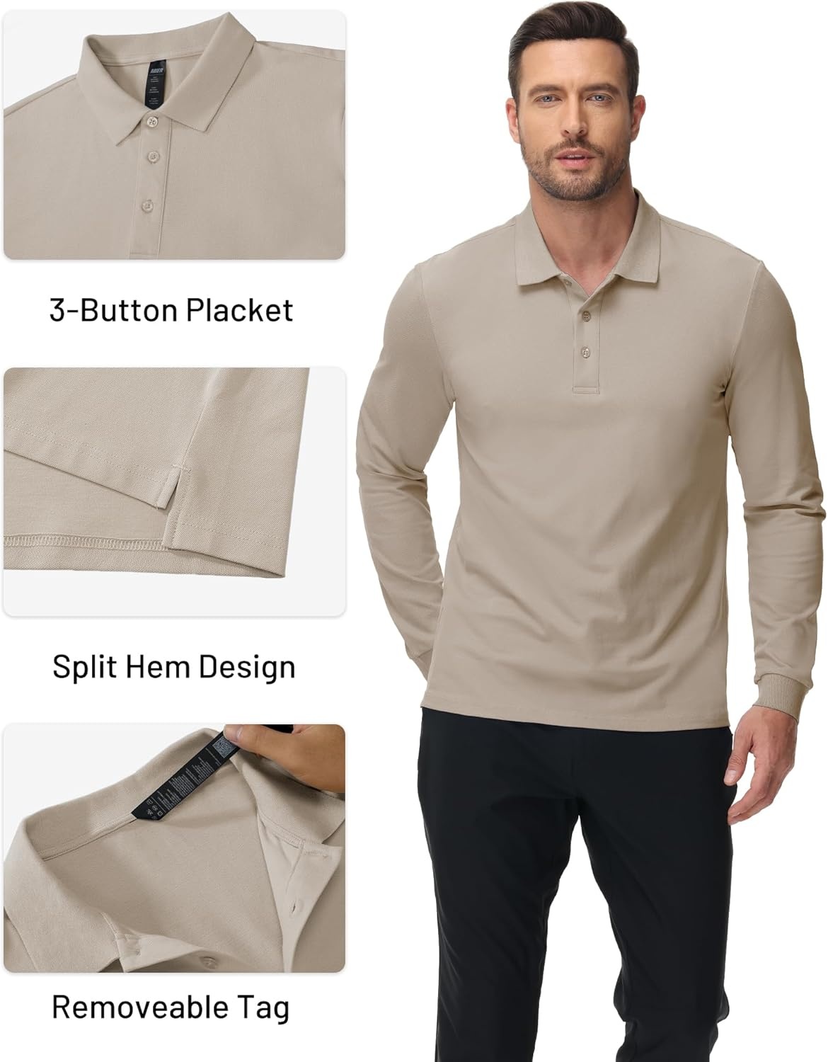 image:imageMIER Polo Shirts for Men Cotton Long Sleeve Golf Tennis Collared Shirt for Casual Work Travel 3 Buttons Ultra SoftKhaki