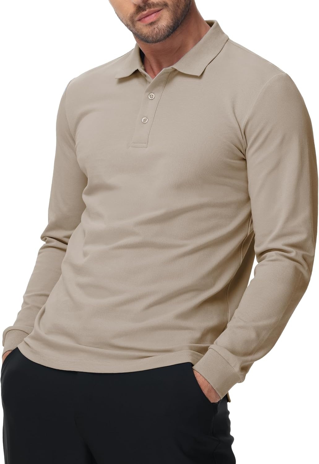 image:imageMIER Polo Shirts for Men Cotton Long Sleeve Golf Tennis Collared Shirt for Casual Work Travel 3 Buttons Ultra SoftKhaki