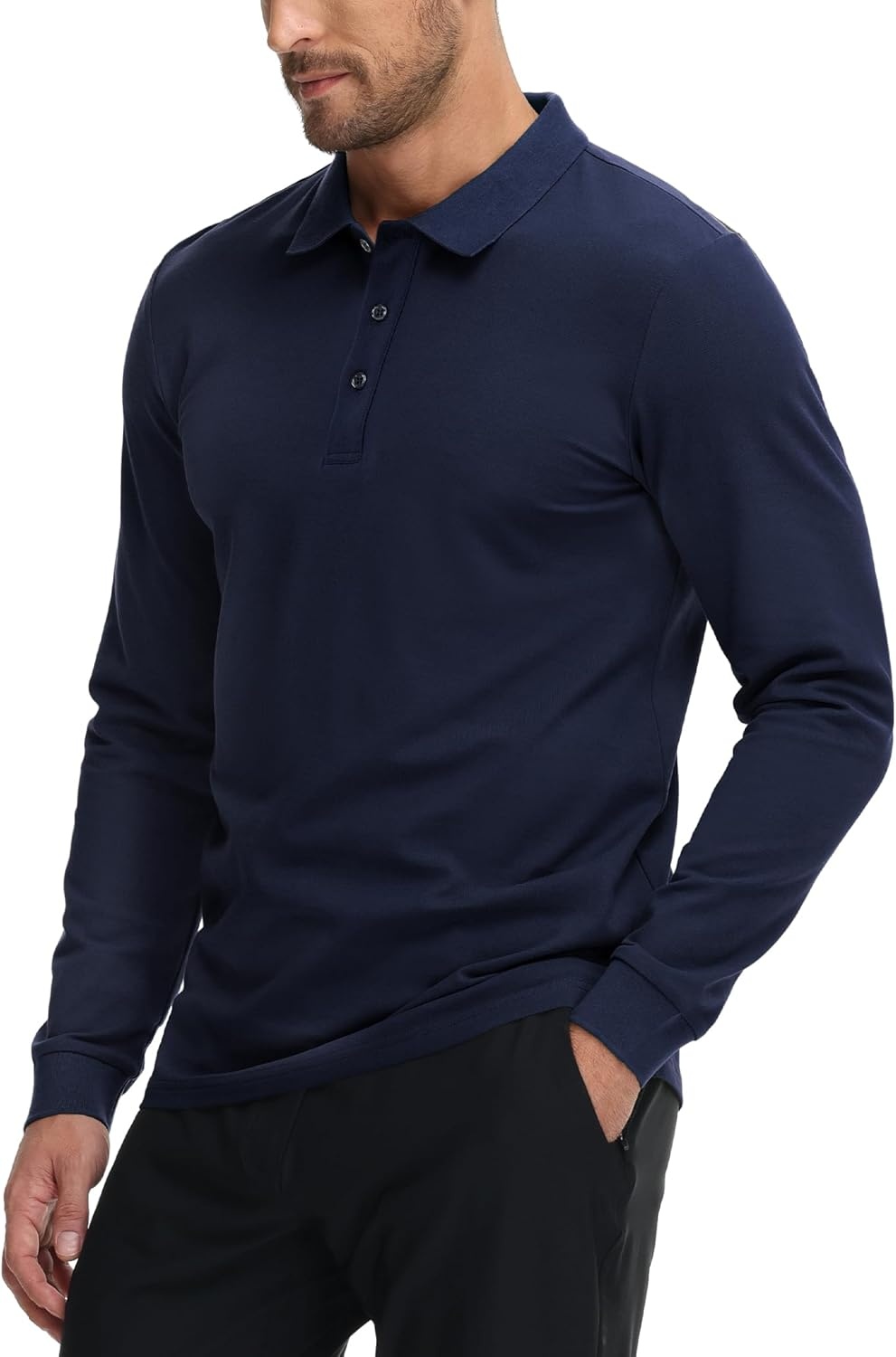 image:imageMIER Polo Shirts for Men Cotton Long Sleeve Golf Tennis Collared Shirt for Casual Work Travel 3 Buttons Ultra SoftNavy