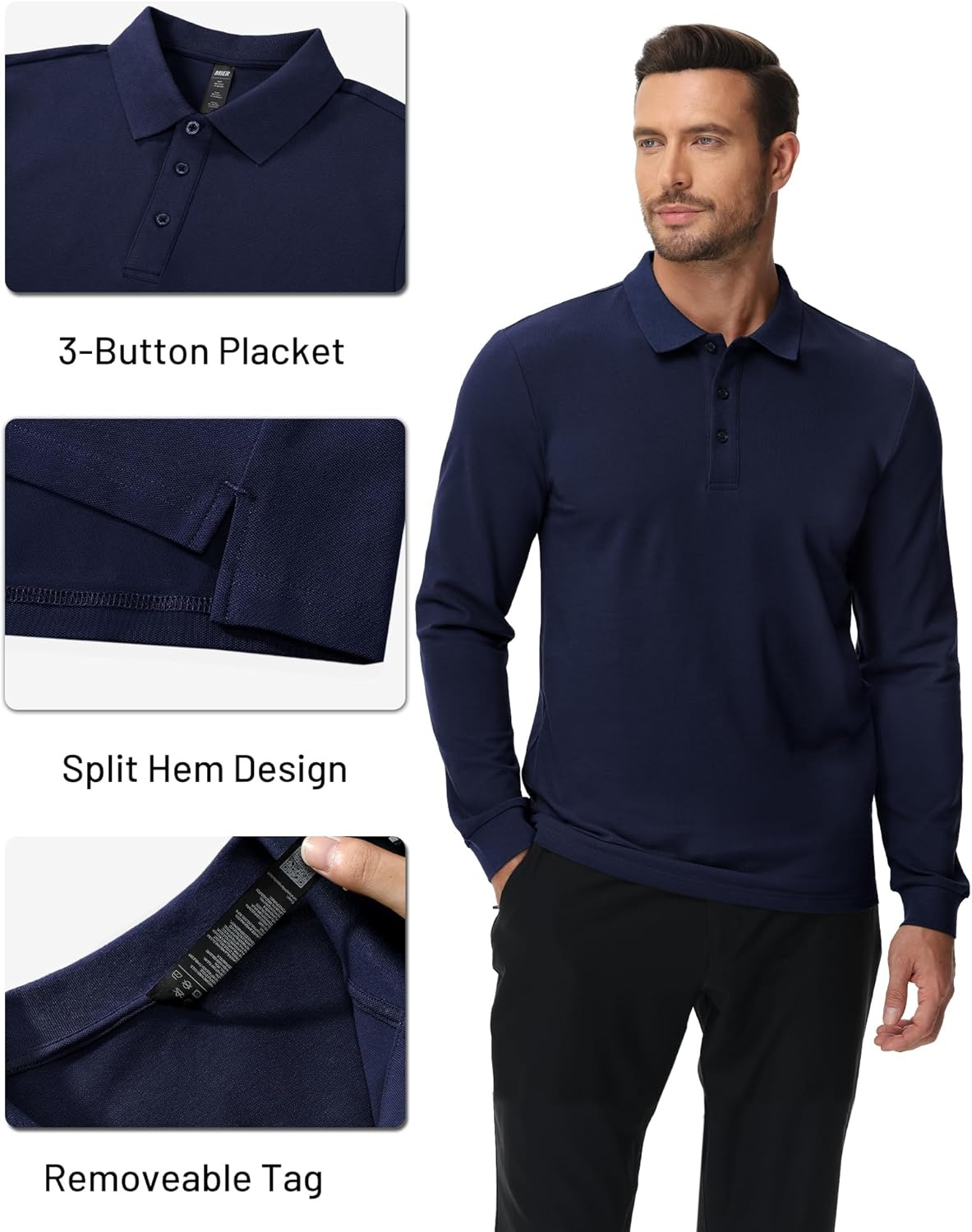 image:imageMIER Polo Shirts for Men Cotton Long Sleeve Golf Tennis Collared Shirt for Casual Work Travel 3 Buttons Ultra SoftNavy