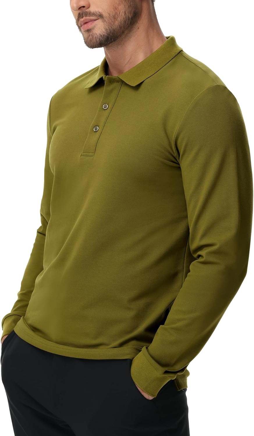 image:imageMIER Polo Shirts for Men Cotton Long Sleeve Golf Tennis Collared Shirt for Casual Work Travel 3 Buttons Ultra SoftOlive Green
