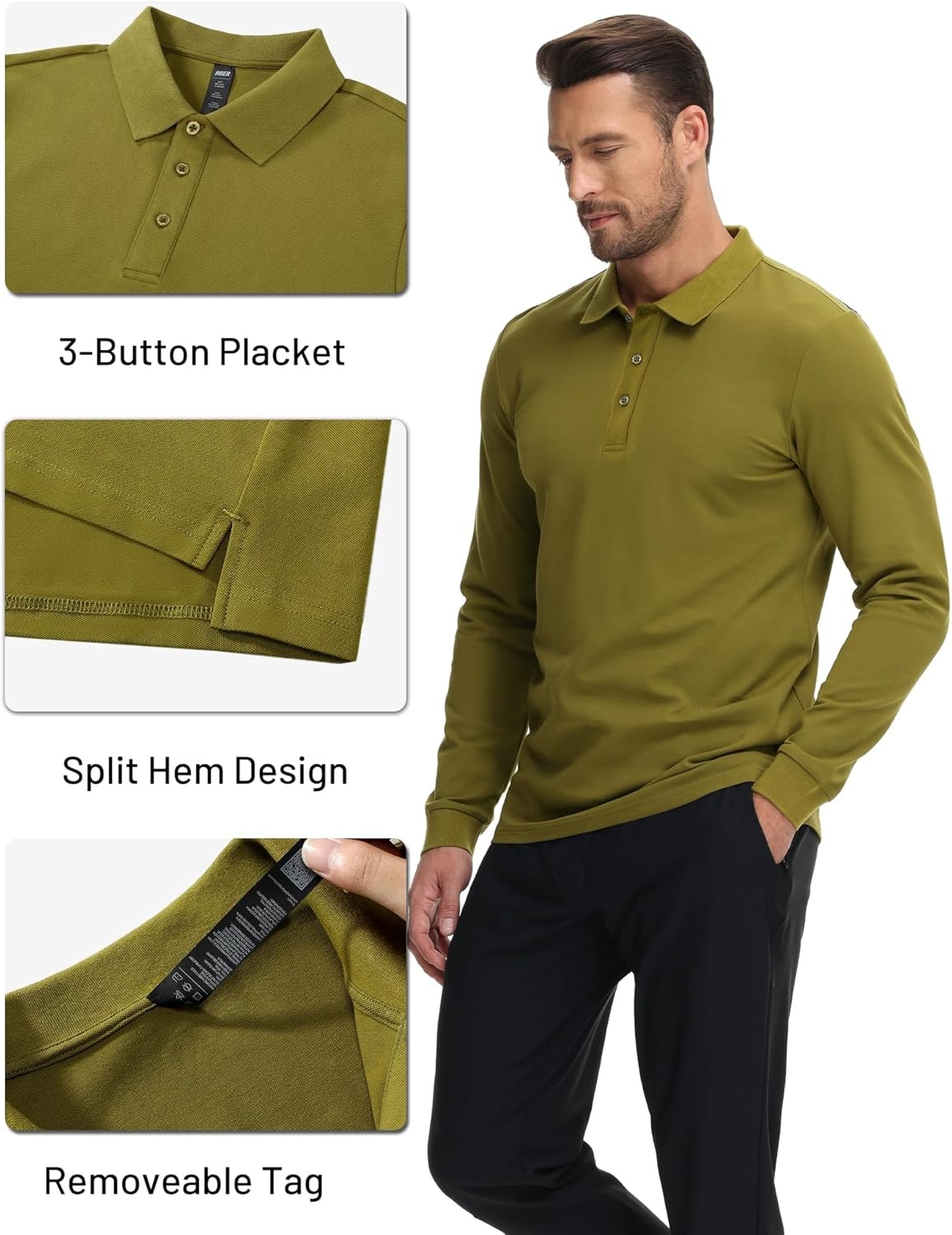image:imageMIER Polo Shirts for Men Cotton Long Sleeve Golf Tennis Collared Shirt for Casual Work Travel 3 Buttons Ultra SoftOlive Green