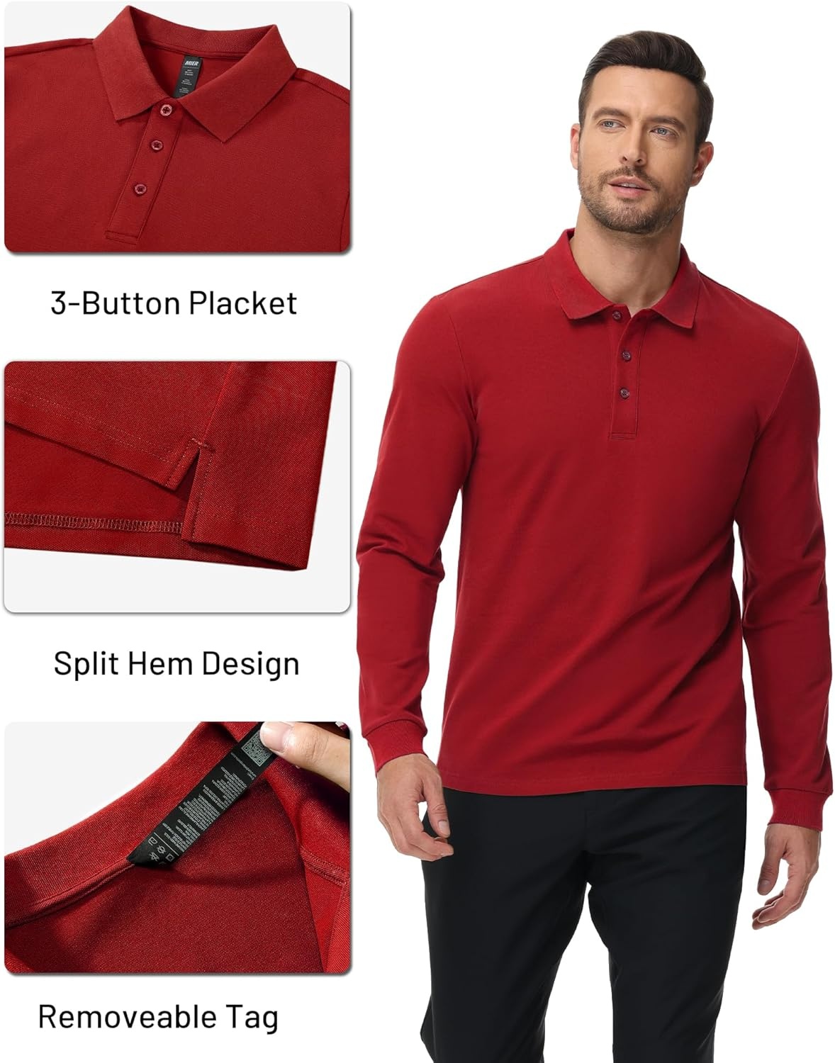 image:imageMIER Polo Shirts for Men Cotton Long Sleeve Golf Tennis Collared Shirt for Casual Work Travel 3 Buttons Ultra SoftRed