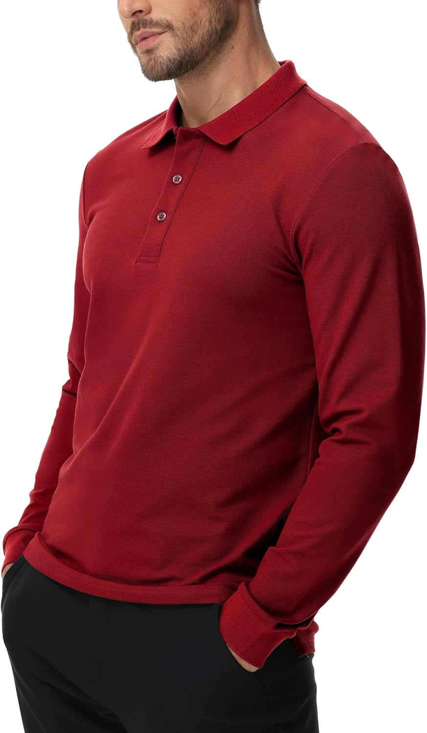 image:imageMIER Polo Shirts for Men Cotton Long Sleeve Golf Tennis Collared Shirt for Casual Work Travel 3 Buttons Ultra SoftRed