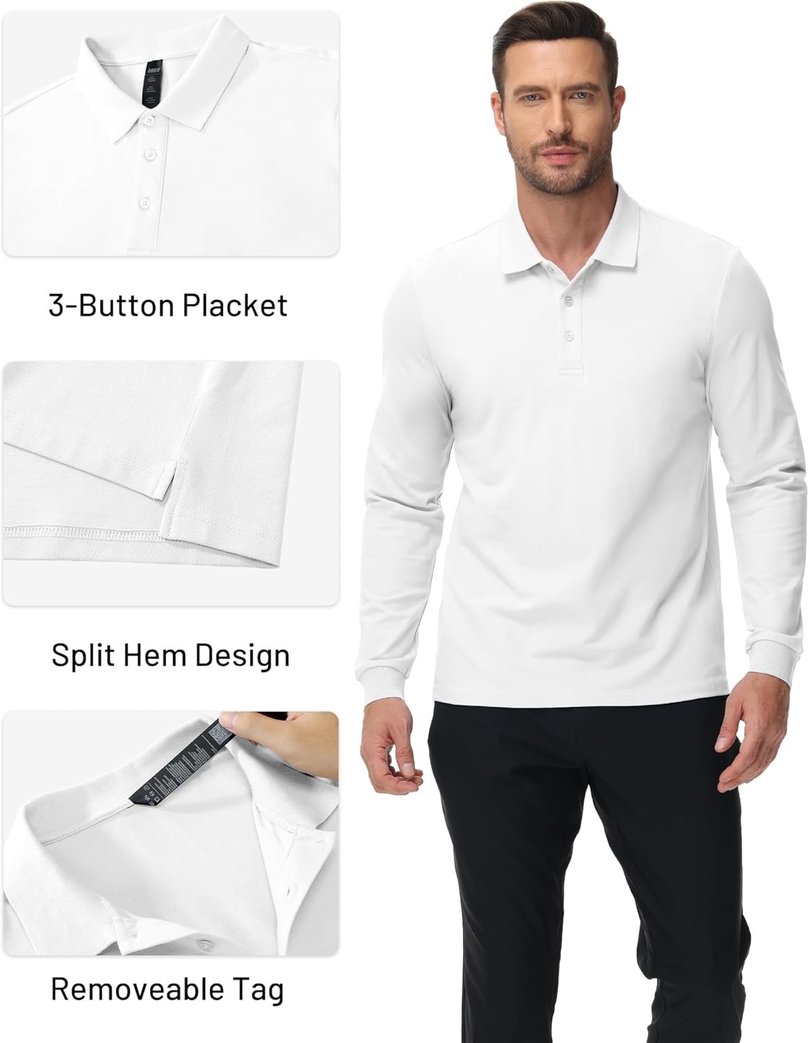 image:imageMIER Polo Shirts for Men Cotton Long Sleeve Golf Tennis Collared Shirt for Casual Work Travel 3 Buttons Ultra SoftWhite