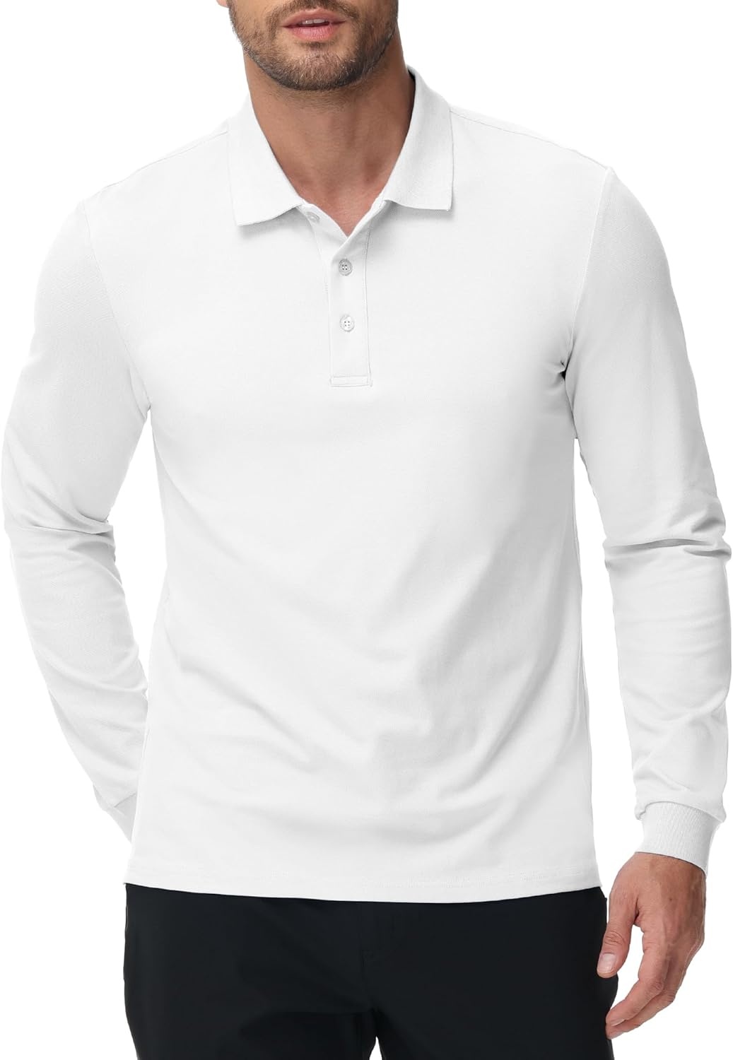 image:imageMIER Polo Shirts for Men Cotton Long Sleeve Golf Tennis Collared Shirt for Casual Work Travel 3 Buttons Ultra SoftWhite