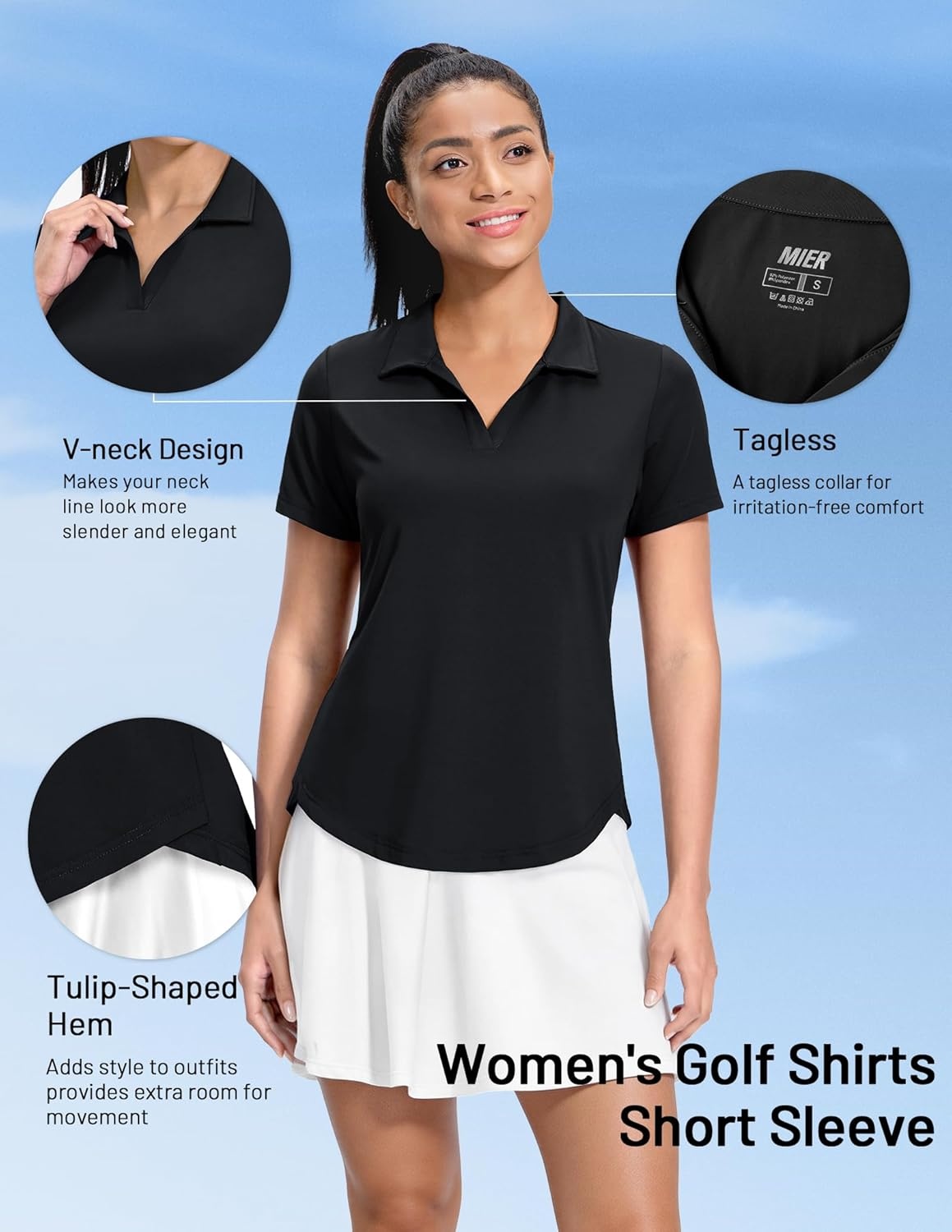 image:imageMIER Polo Shirts for Women V Neck Short Sleeve Golf Tennis Shirts Quick Dry Soft UPF 50 Collared Active Tops LightweightBlack