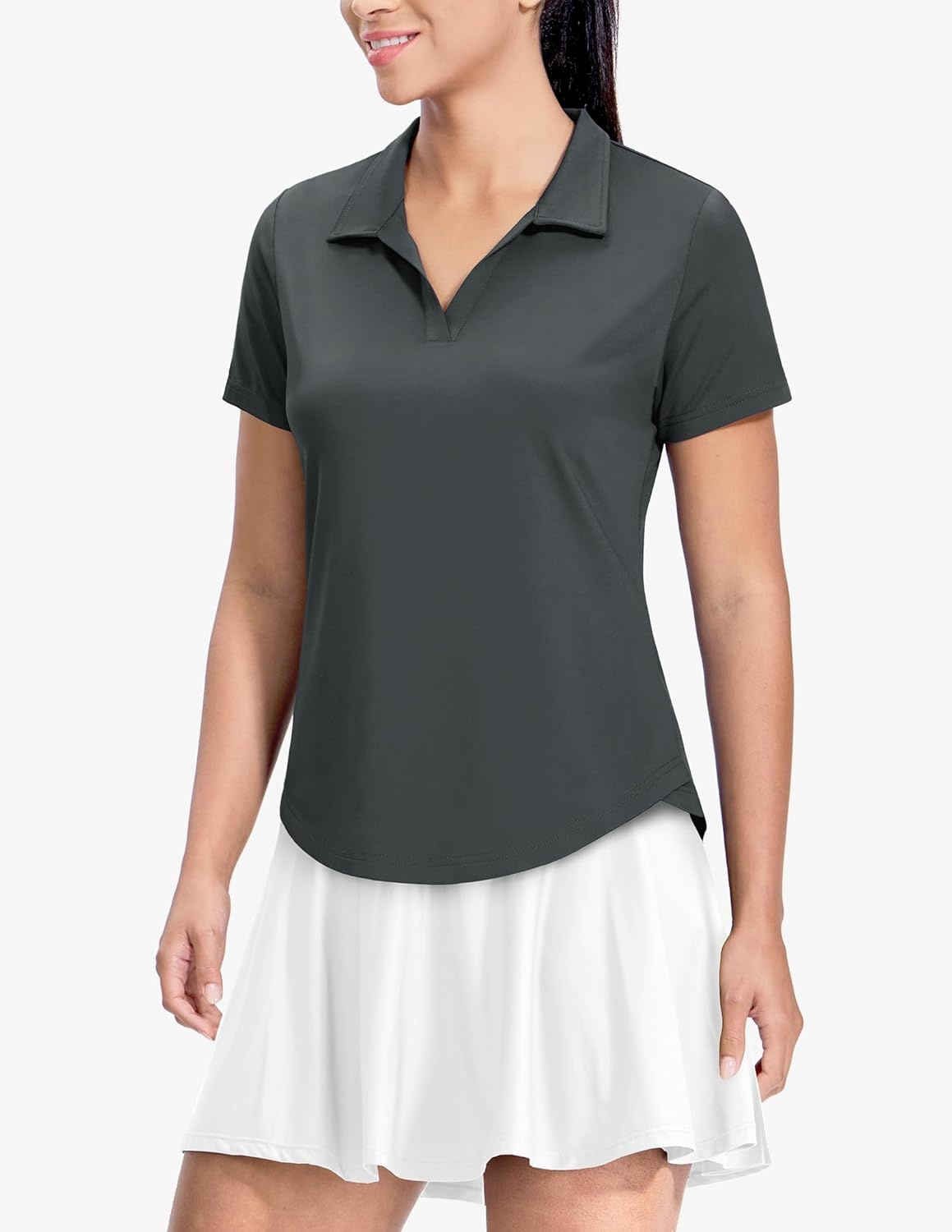 image:imageMIER Polo Shirts for Women V Neck Short Sleeve Golf Tennis Shirts Quick Dry Soft UPF 50 Collared Active Tops LightweightDark Grey