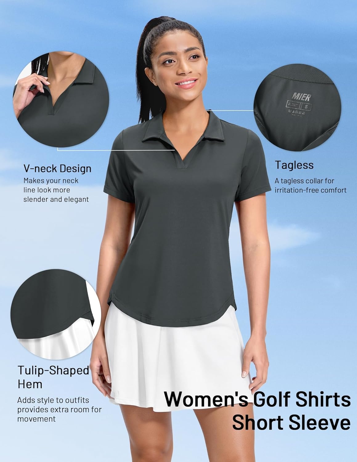 image:imageMIER Polo Shirts for Women V Neck Short Sleeve Golf Tennis Shirts Quick Dry Soft UPF 50 Collared Active Tops LightweightDark Grey