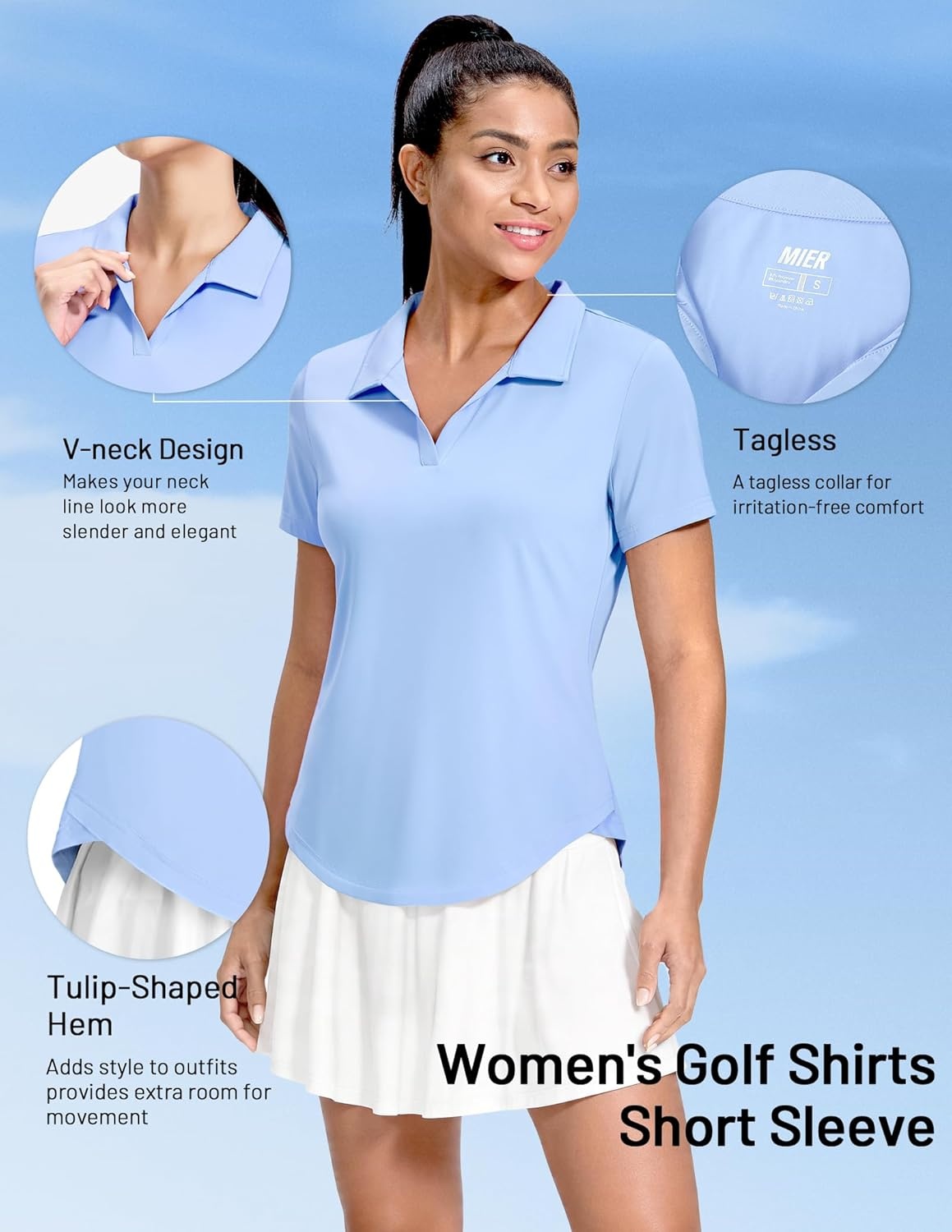 image:imageMIER Polo Shirts for Women V Neck Short Sleeve Golf Tennis Shirts Quick Dry Soft UPF 50 Collared Active Tops LightweightLight Blue