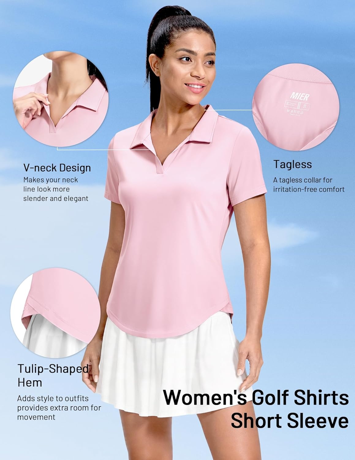 image:imageMIER Polo Shirts for Women V Neck Short Sleeve Golf Tennis Shirts Quick Dry Soft UPF 50 Collared Active Tops LightweightLight Pink