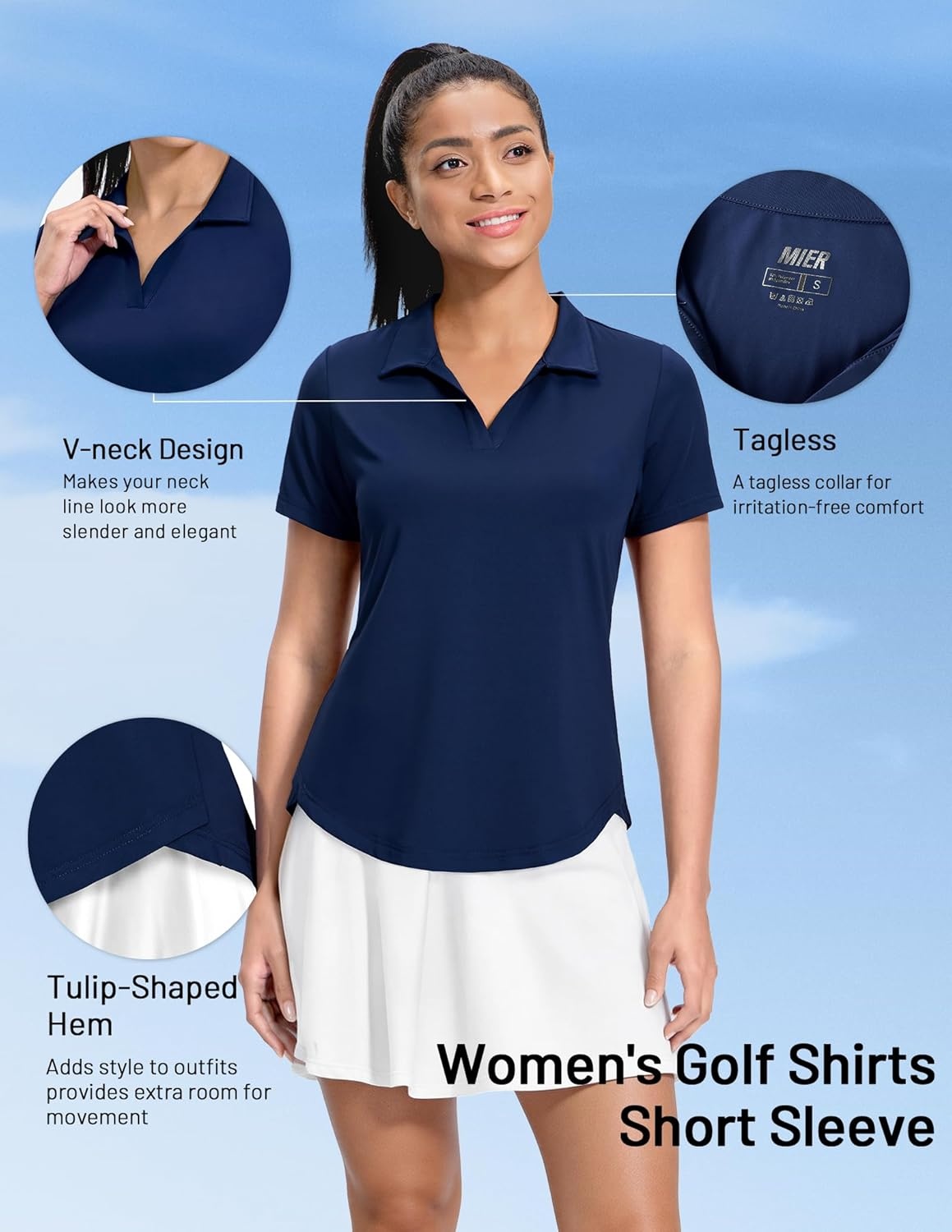 image:imageMIER Polo Shirts for Women V Neck Short Sleeve Golf Tennis Shirts Quick Dry Soft UPF 50 Collared Active Tops LightweightNavy
